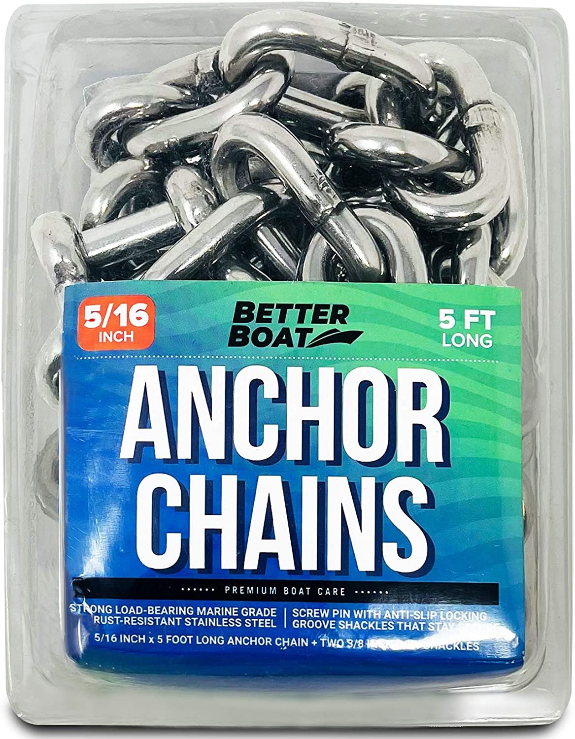 Boat Anchor Chain 5 Foot 5/16" Stainless Steel Anchor Chain and Double Shackle Link Ends Marine Grade Boat Accessories for Pontoon, Deck Boat, Open Fisher and More