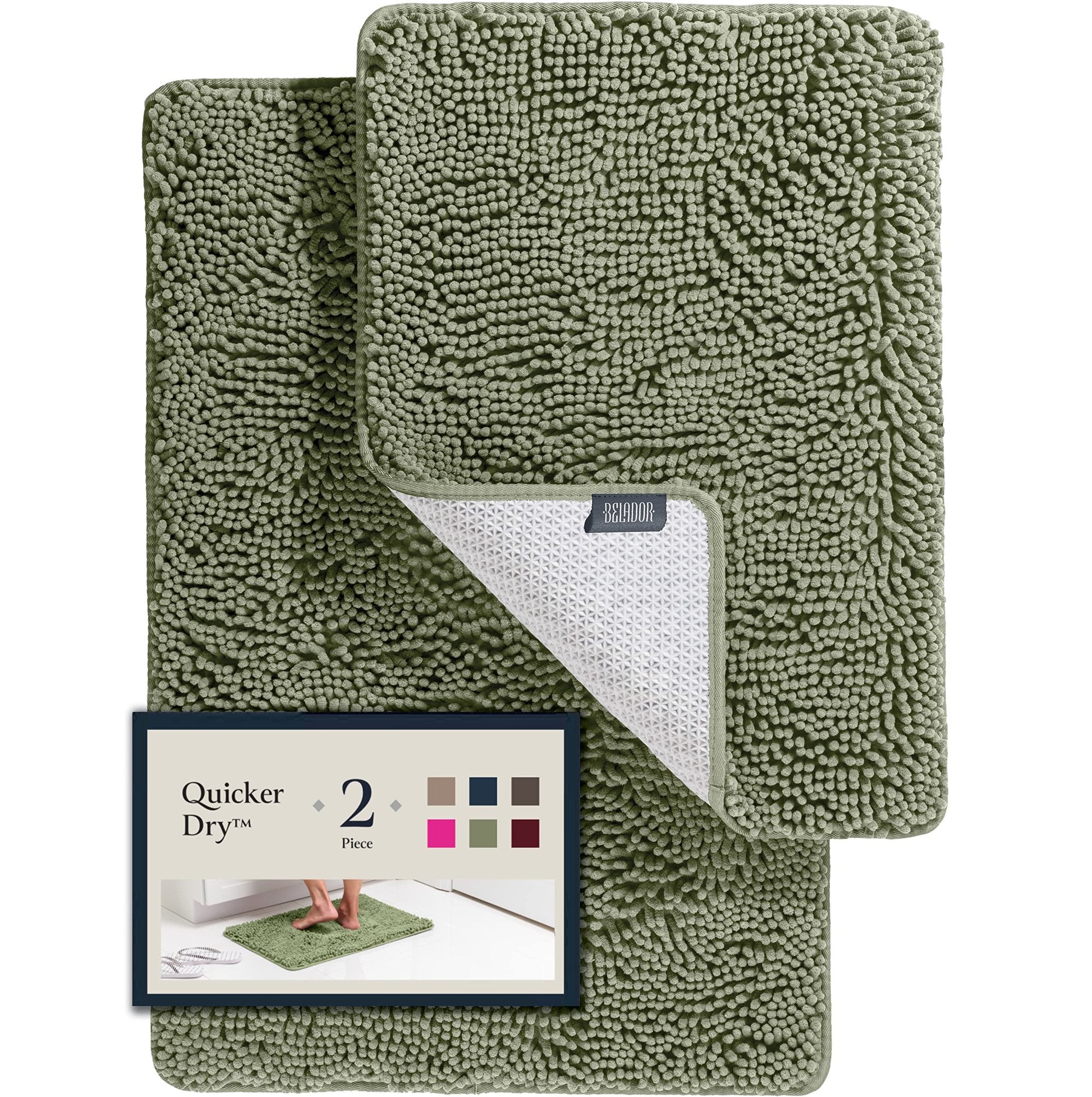 BELADOR Sage Green 2pc Bathroom Rug Set - Soft Plush Chenille Bath Mats, Durable with Rubber Backing, Ultra Absorbent, 30x20 + 24x17 Inch Size