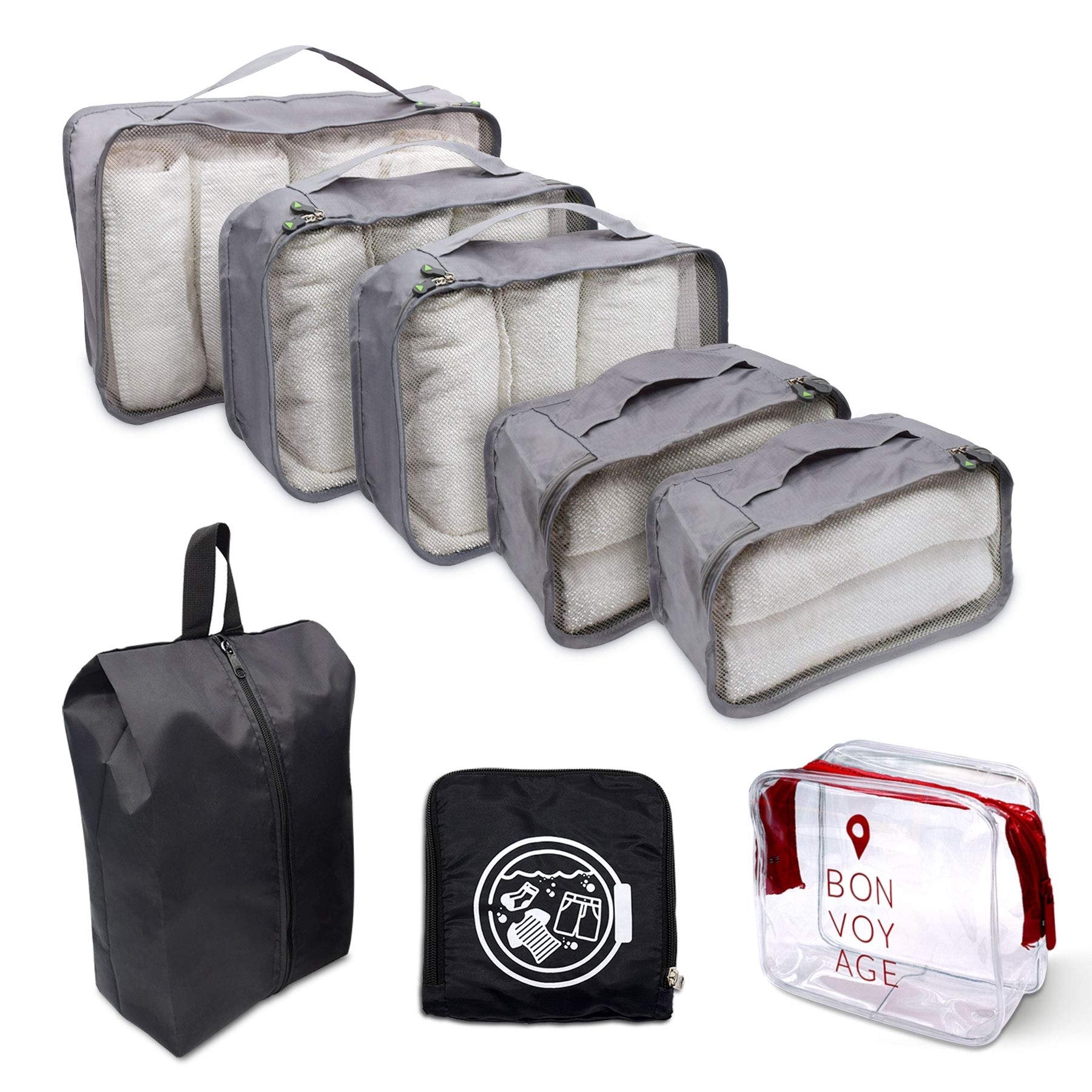 8PC Assorted Size Grey Organizer Set | Packing Cubes, Shoe Bags, Laundry Bags | TSA Approved Pouch for Travel