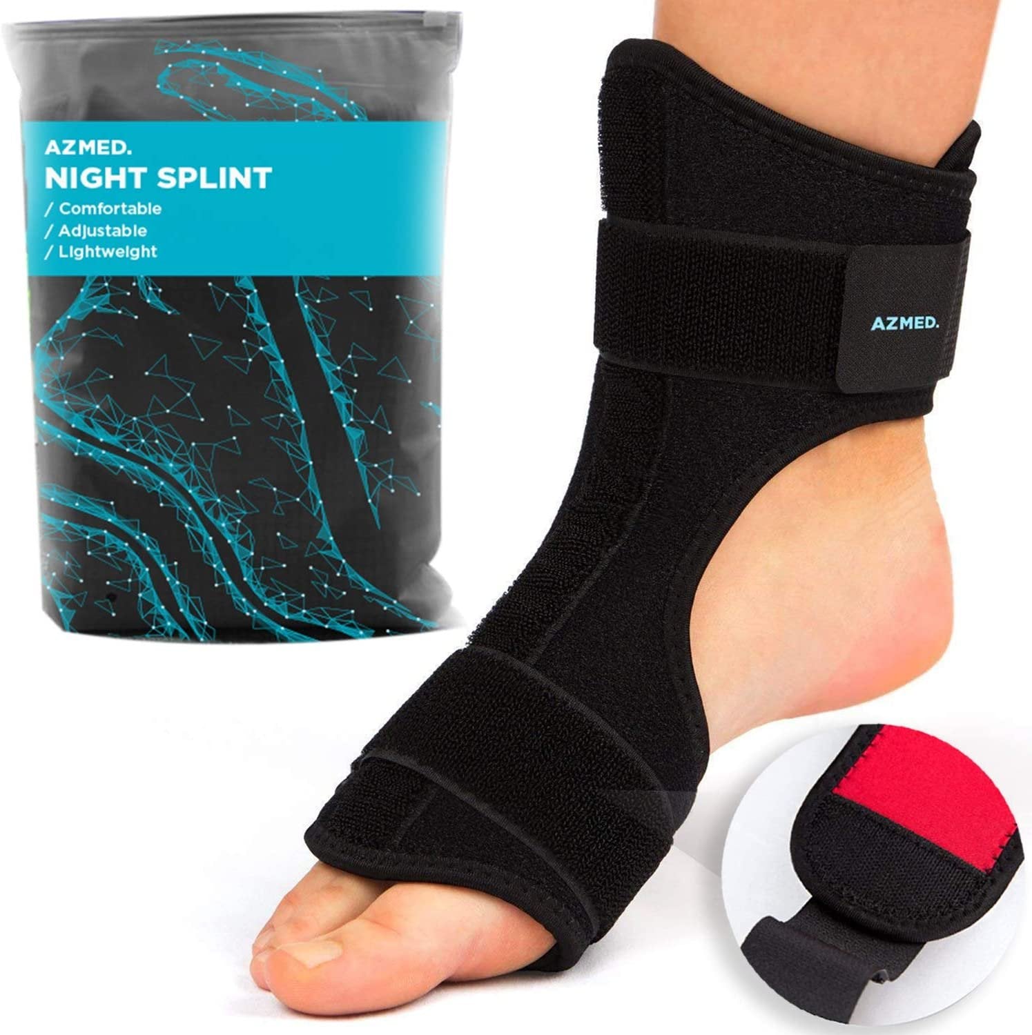 AZMED Plantar Fasciitis Night Splint, Adjustable Foot Drop Brace, Black, Sizes Available, Arch Pain Relief