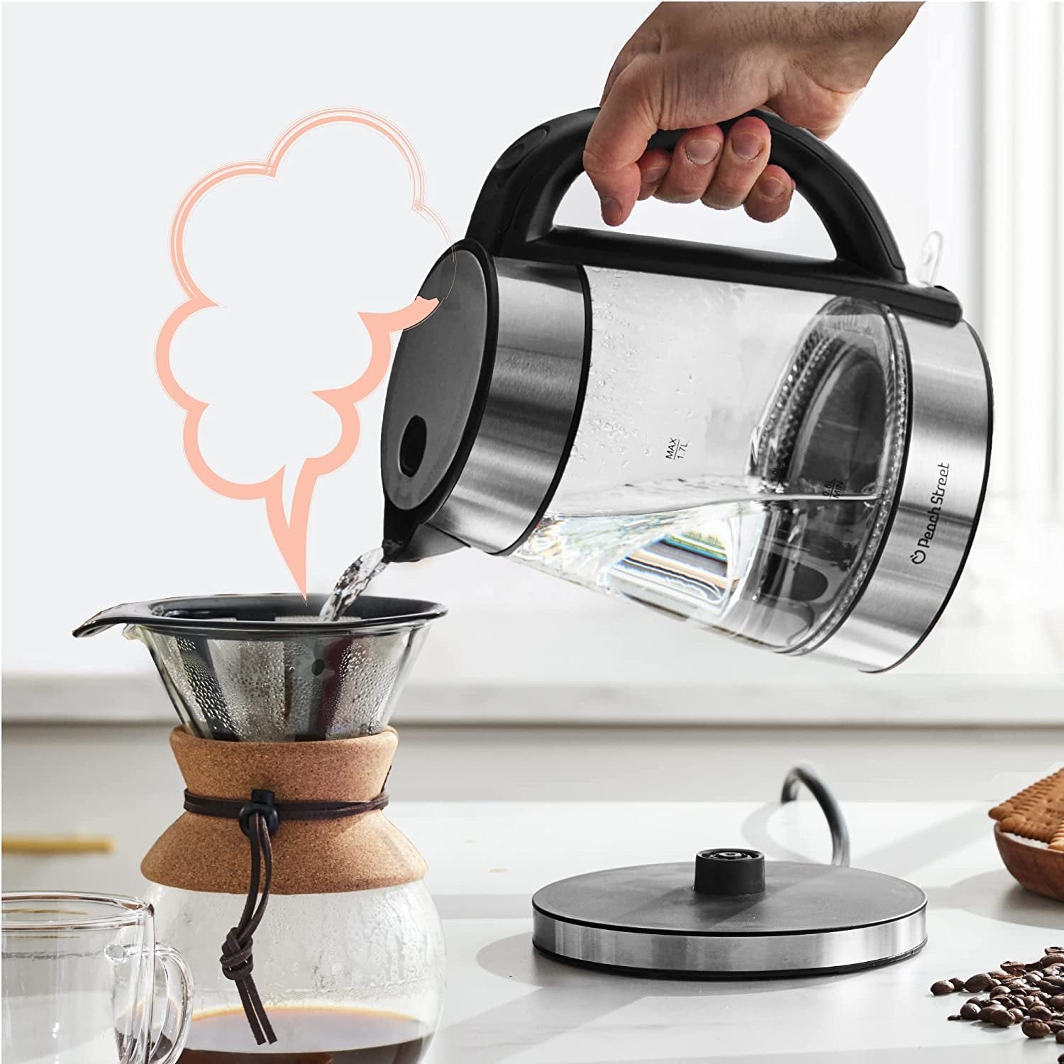 Speed-Boil Water Electric Kettle, 1.7L 1500W, Coffee & Tea Kettle Borosilicate Glass, Wide Opening, Auto Shut-Off, Cool Touch Handle, LED Light. 360° Rotation, Boil Dry Protection