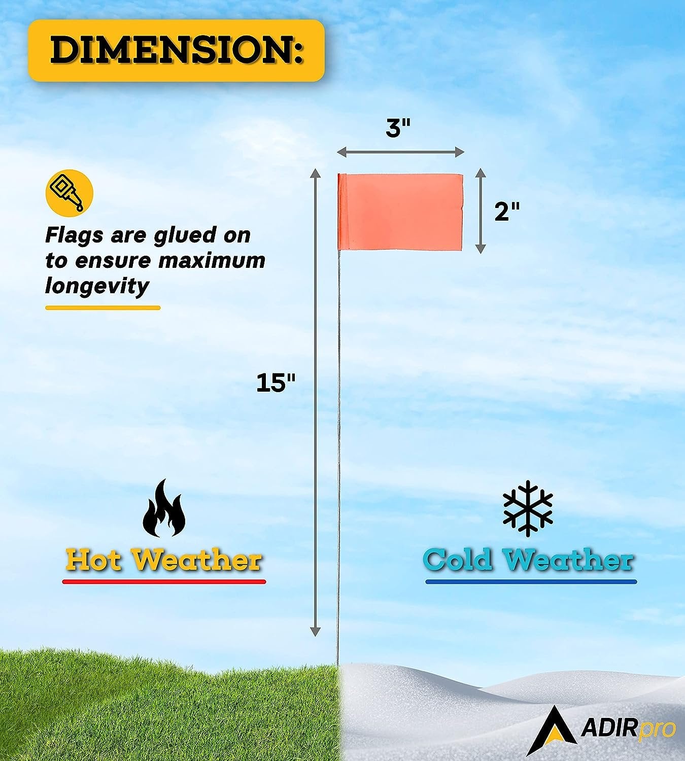 AdirPro Marking Flags 100 Pack - 2"x3" Lawn Flags - Marker Flags - Small & Thin Survey Flags - Flag Markers for Yard - Great for Ground Flags, Lawn Flags, Garden Flag Markers, Boundry Flags (Orange)