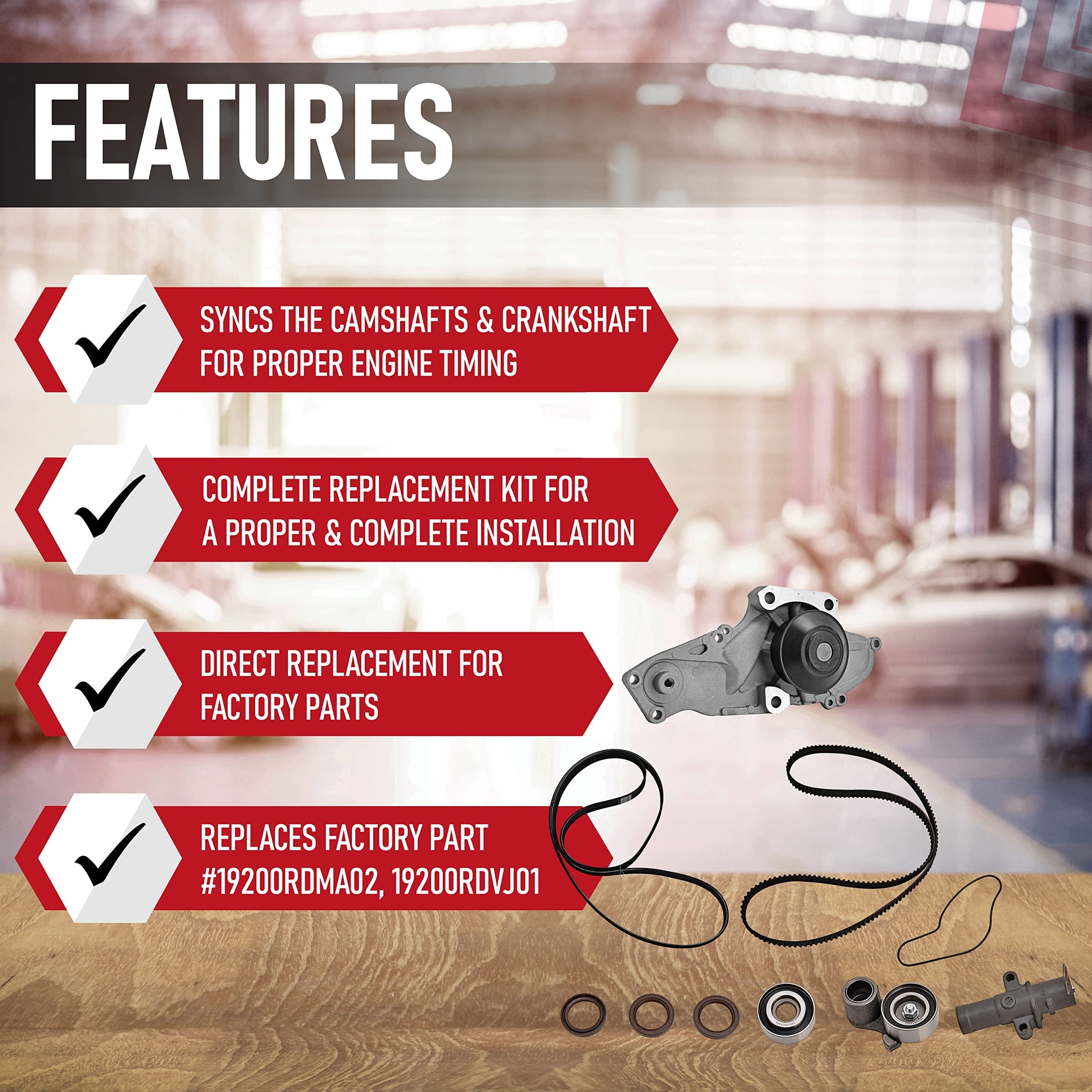 Timing Belt Water Pump Kit Honda Acura Saturn Vehicles Accord Odyssey Pilot TL RL MDX Vue - - Replaces TKH002 TCKWP329 19200-RDM-A02 19200-RDV-J01