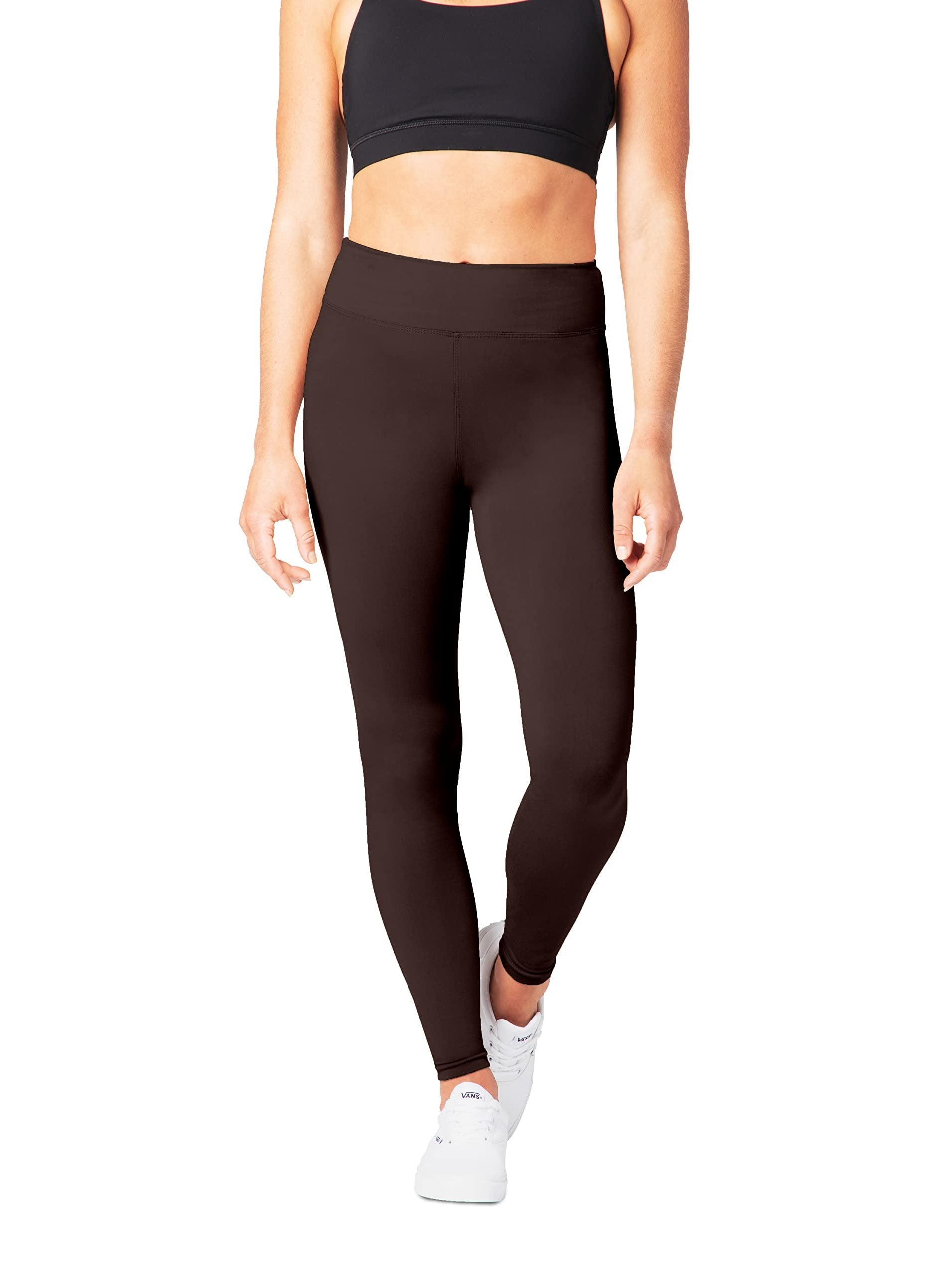 Brown Satina High Waisted Yoga Leggings, 3 Waistband, One Size, Workout & Plus Size Women