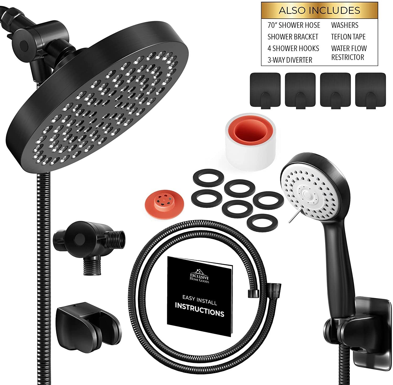 High Pressure Rainfall Shower Head and Hand Held Shower Head Combo with 70 Inch Hose for Bath and Adjustable Swivel Head - Easy Install Anti Clog Jet Nozzles (Brush Nickel)