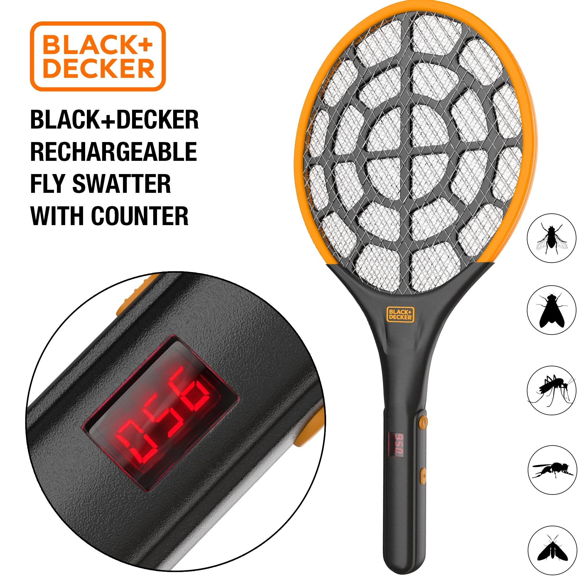 BLACK+DECKER Bug Zapper Fly Swatter Electric - Fly Zapper & Bug Zapper Indoor & Outdoor- Heavy Duty w/Counter for Flies, Mosquitoes, Gnats & Other Small to Large Flying Pests