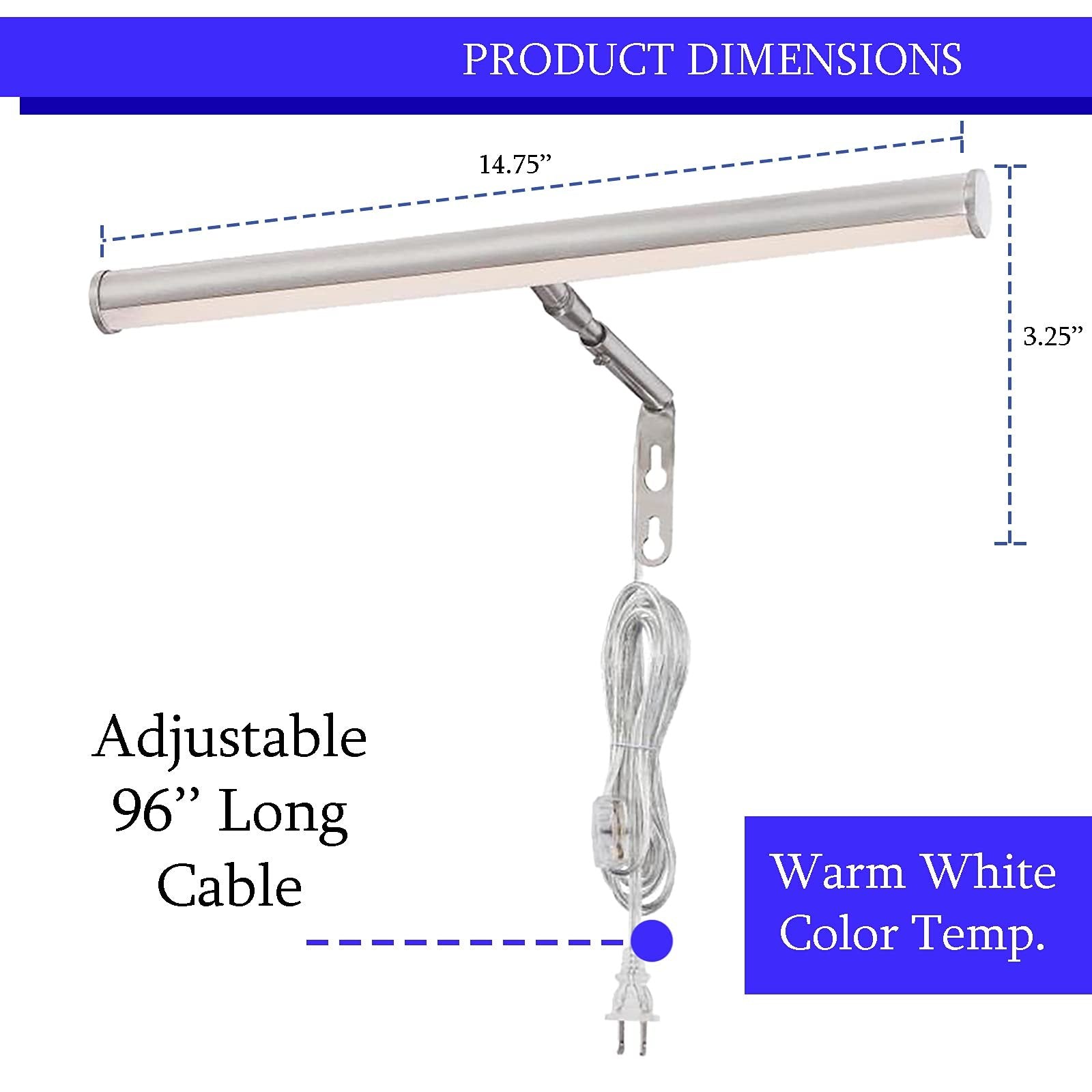 LED-14 Inch Brushed Nickel Ciata Picture Frame Light, Metal Wall Mount Display w/ In-line Switch