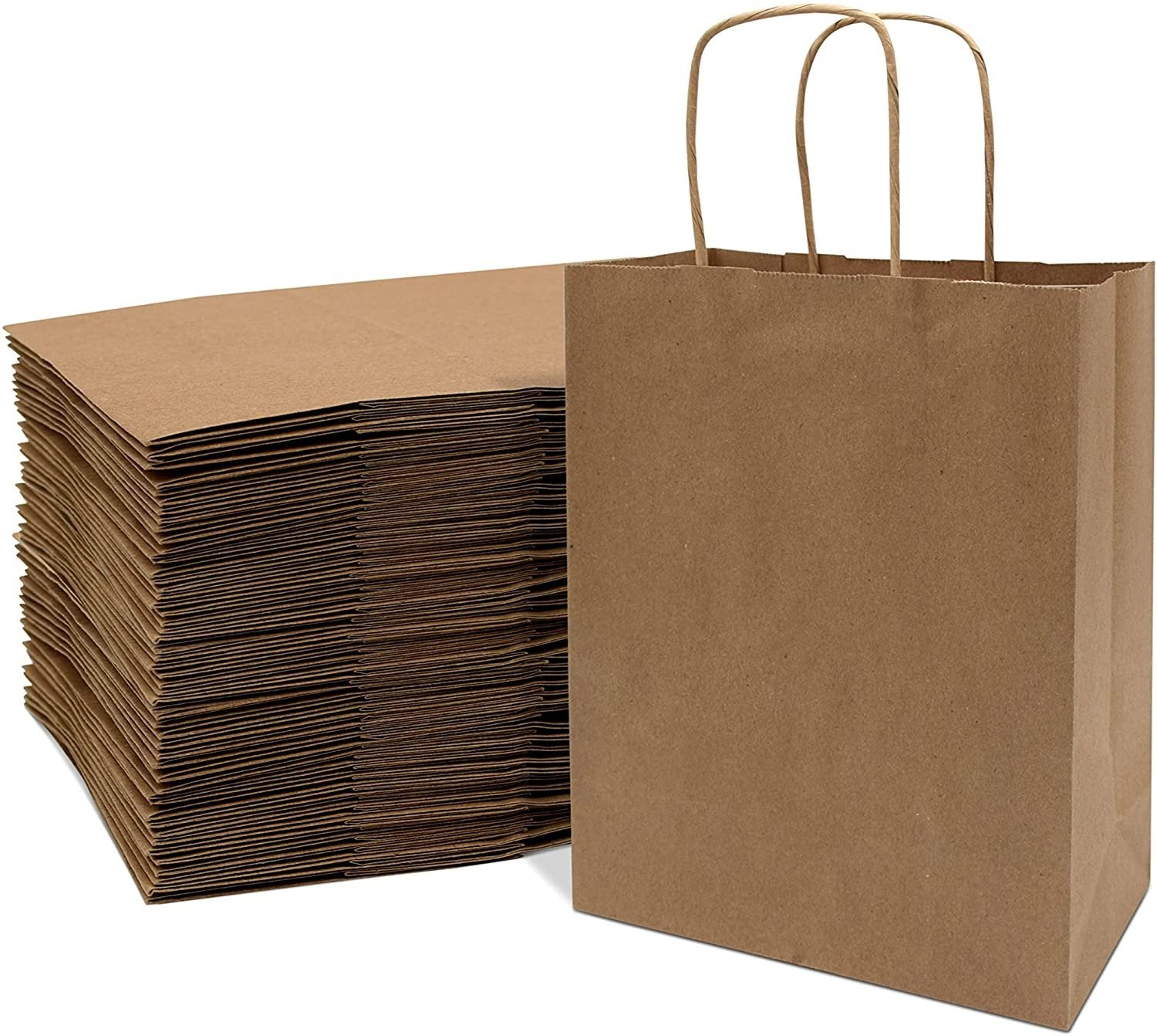 Brown Kraft Paper Bags with Handles | 8x4x10 Inch (50 Pack) | Small Cub Size for Gifts, Shopping, Merchandise