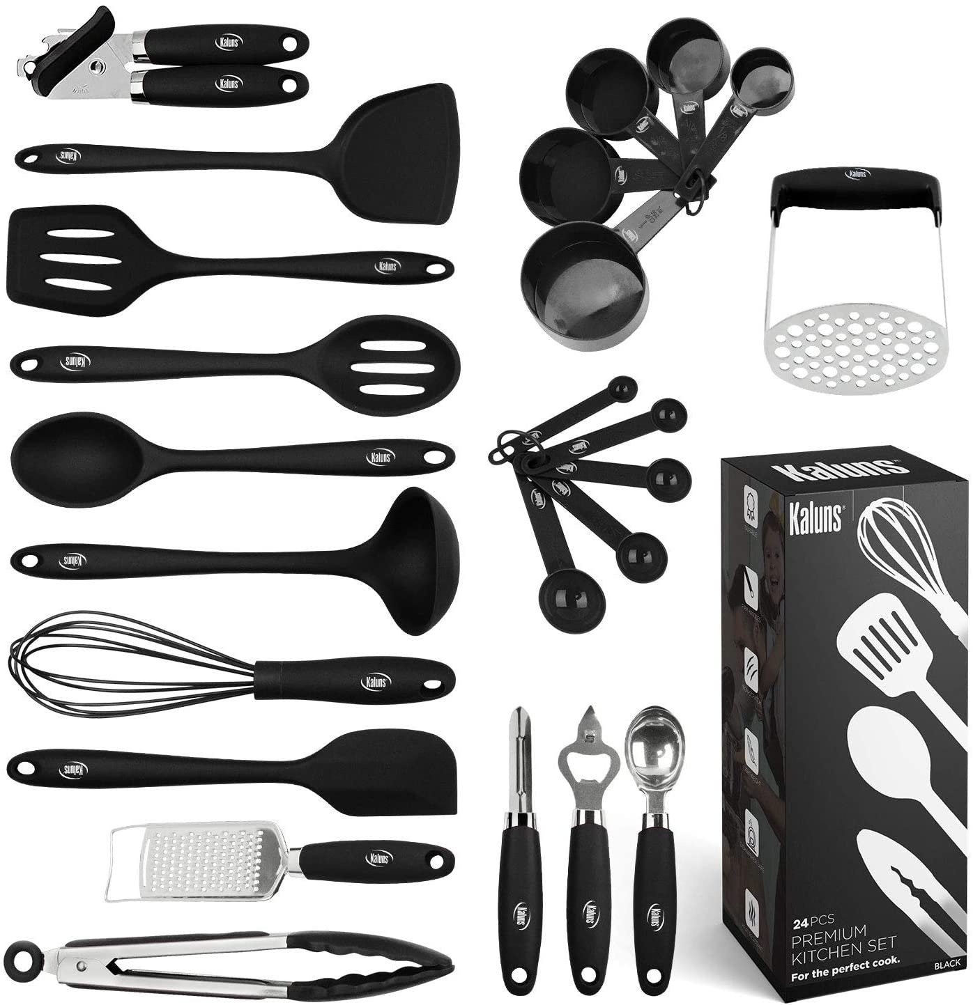 Kitchen Utensils Set, 24 Silicone Cooking Utensils, Non-Stick and Heat Resistant Kitchen Tools, Useful Cooking Gadgets (Black)