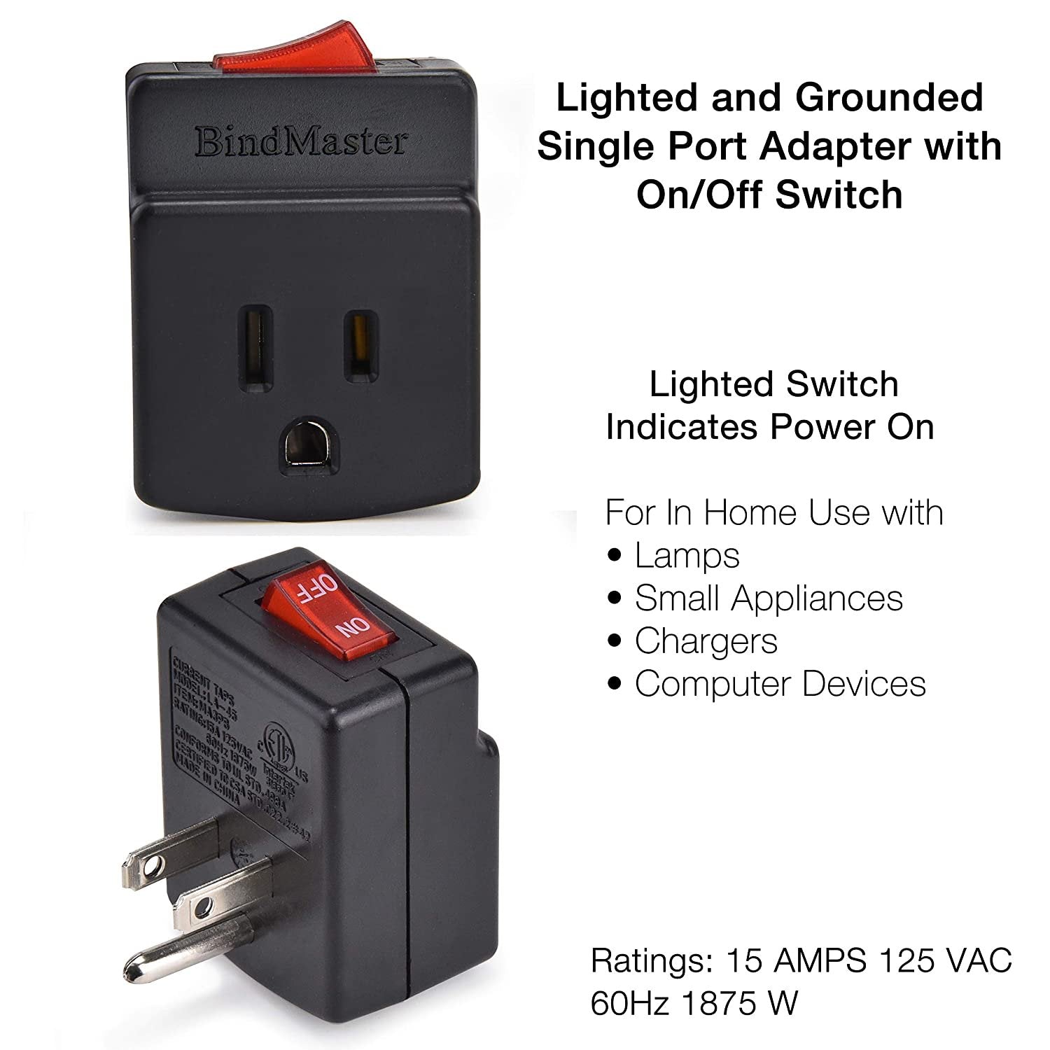 BindmMaster 2 Prong Single Port Power Adapter with Red Light Indicator On/Off Switch to be Energy Saving, White (3 Pack)