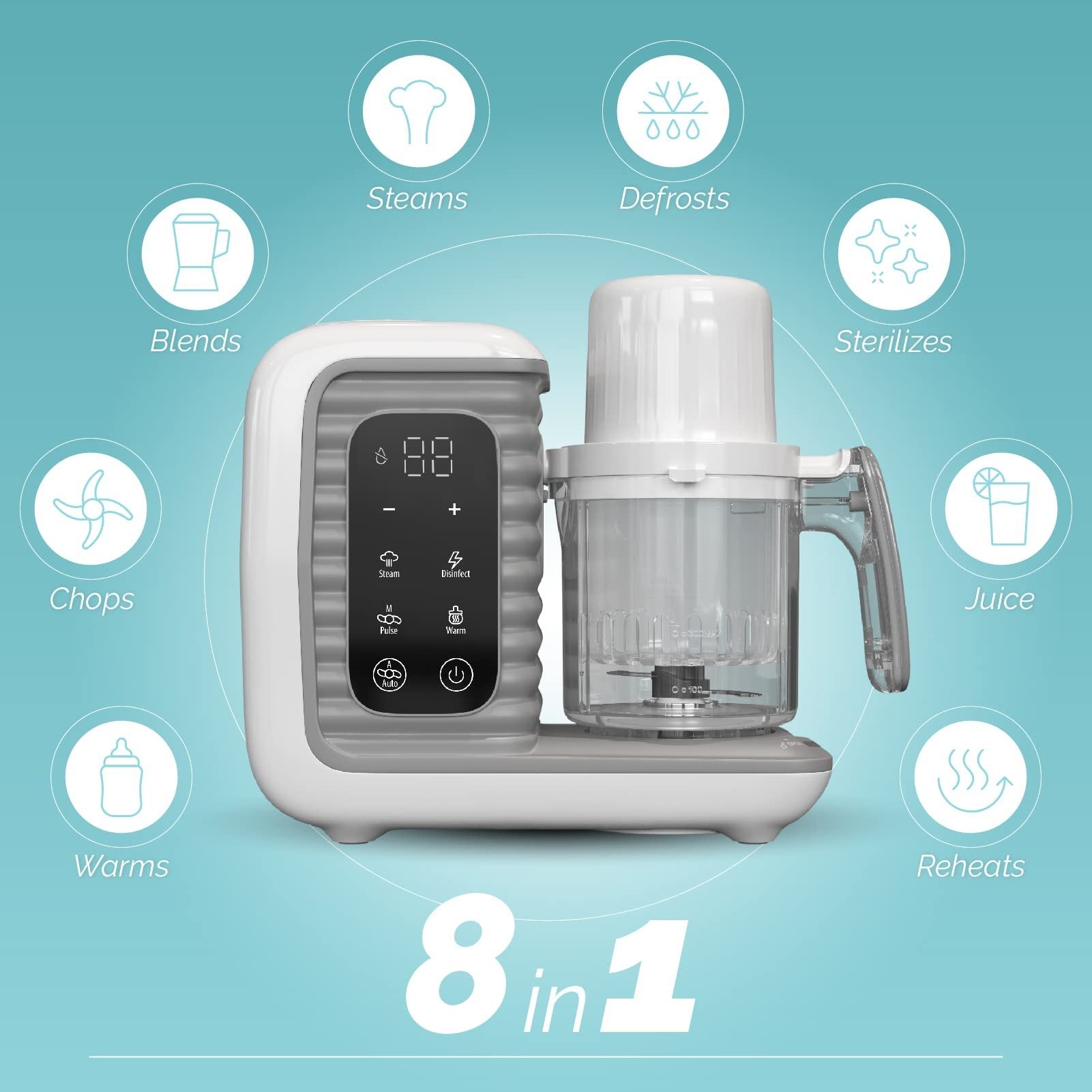CHILDREN OF DESIGN Smart Baby Food Maker 8-in-1 Steamer Blender Cooker - Grey, 11.9x11.7x7.6