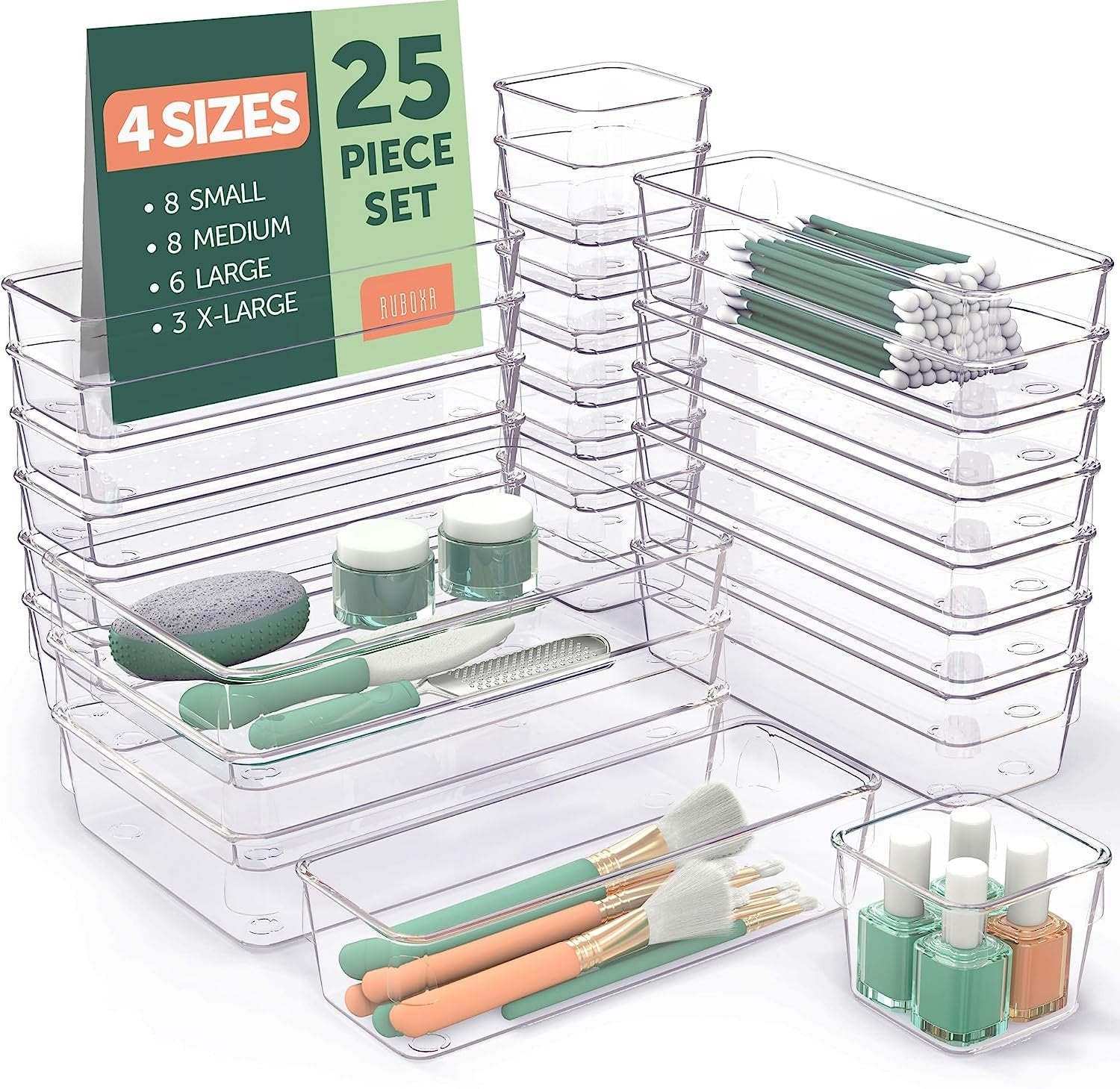 Ruboxa Clear Drawer Organizer - 25 PCS Clear Plastic Drawer Organizers for Home Organization and Storage, Including 4 Sizes Small Organizer Bins, Non-Slip Pads, for Bathroom, Kitchen, Vanity & Office