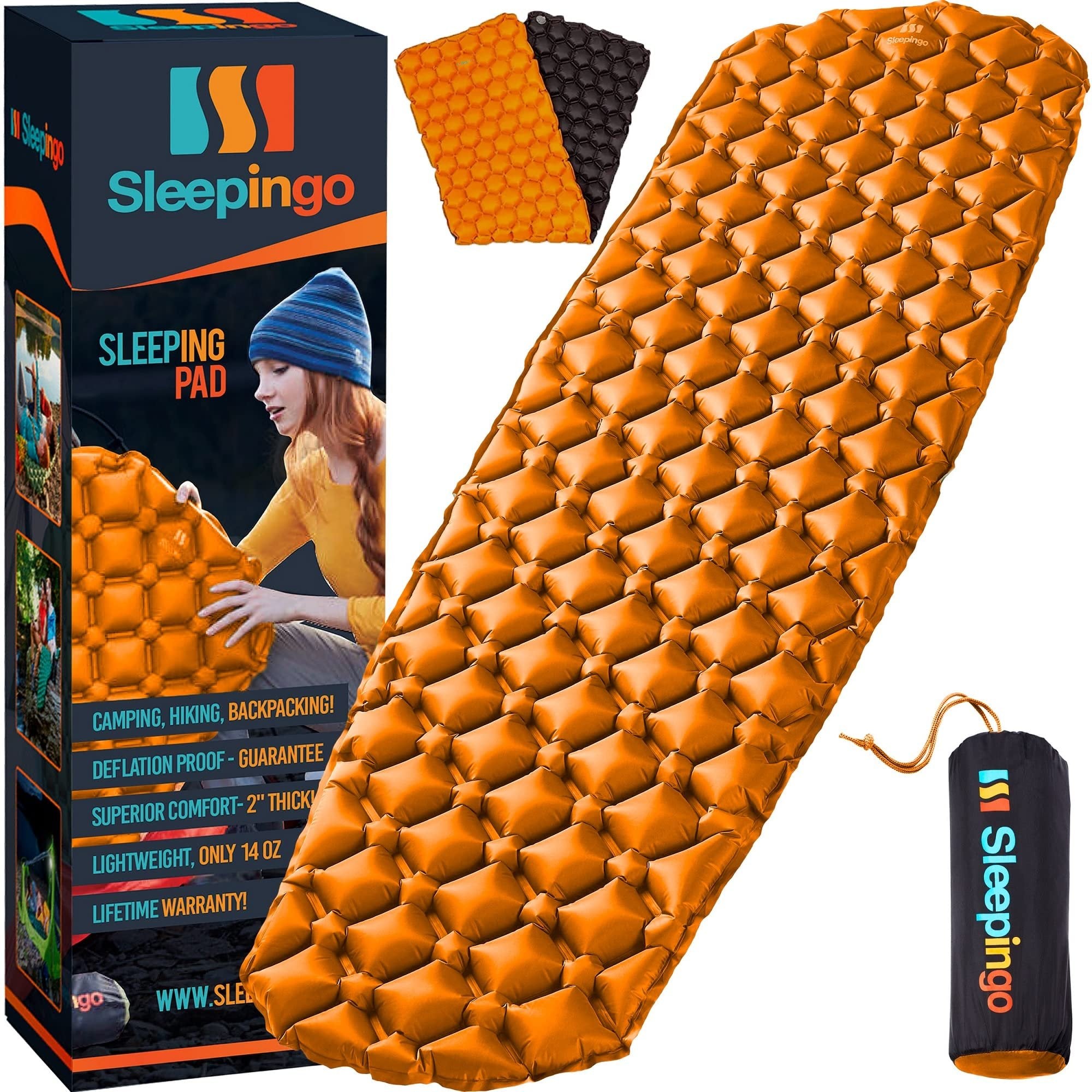 Sleepingo Ultralight Sleeping Pad for Camping - Large Orange Air Mattress, Compact & Inflatable - Free Shipping