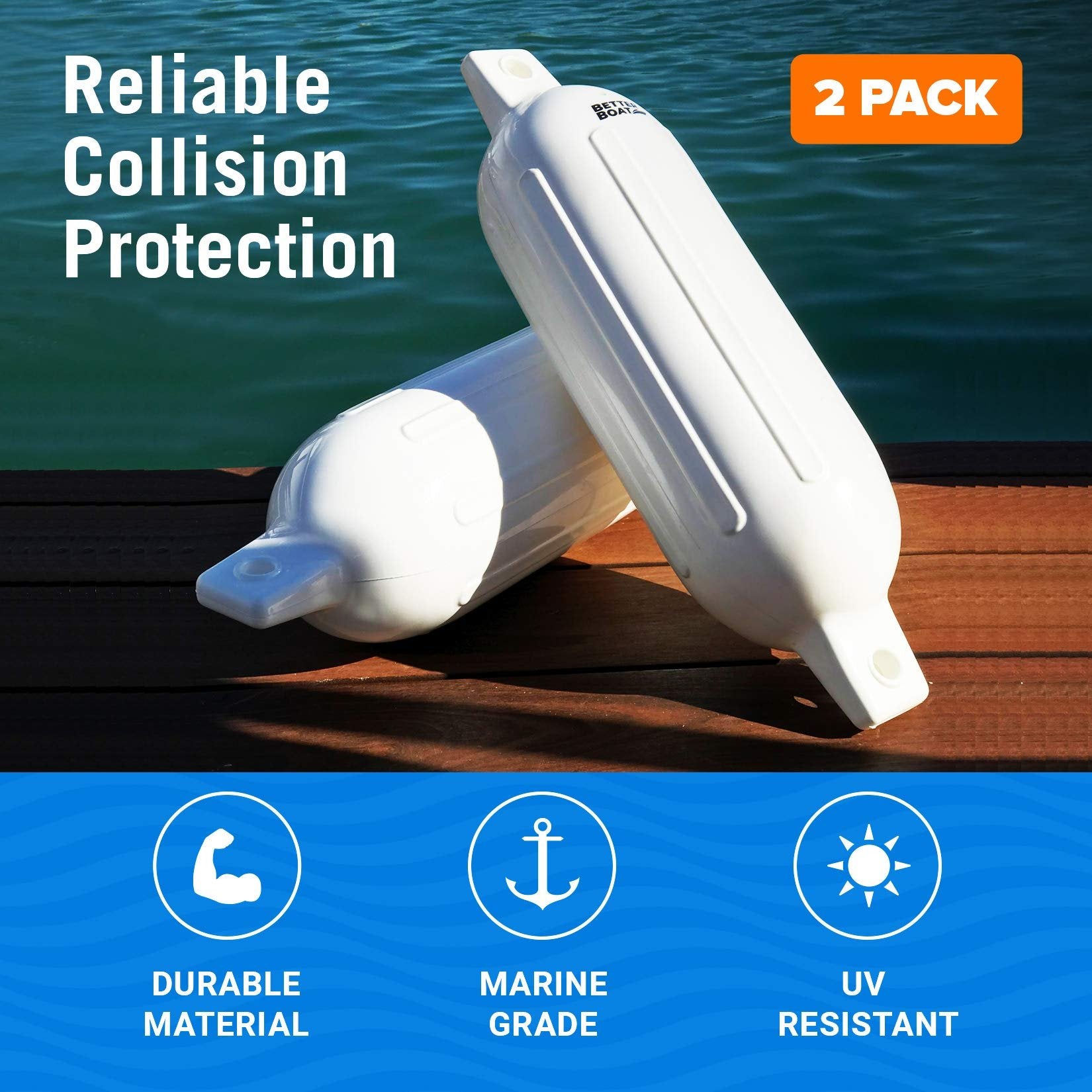 2-Pack 23 x 6.5 Inflatable Boat Fenders - White - Free Pump - Marine Dock Bumpers