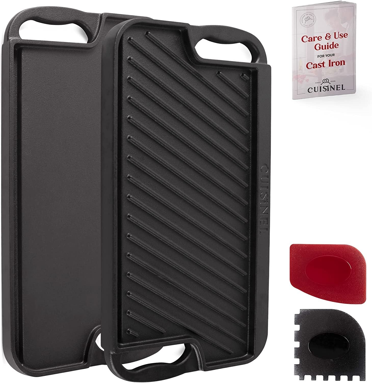 Cast Iron Griddle / Grill + Scraper / Cleaner - Reversible Pre-Seasoned 16.75" X 9.5"-inch Dual Handle Flat Skillet and Griller Pan + Cleaning Accessories - Indoor/Outdoor Stove Top Burner, Gas Safe