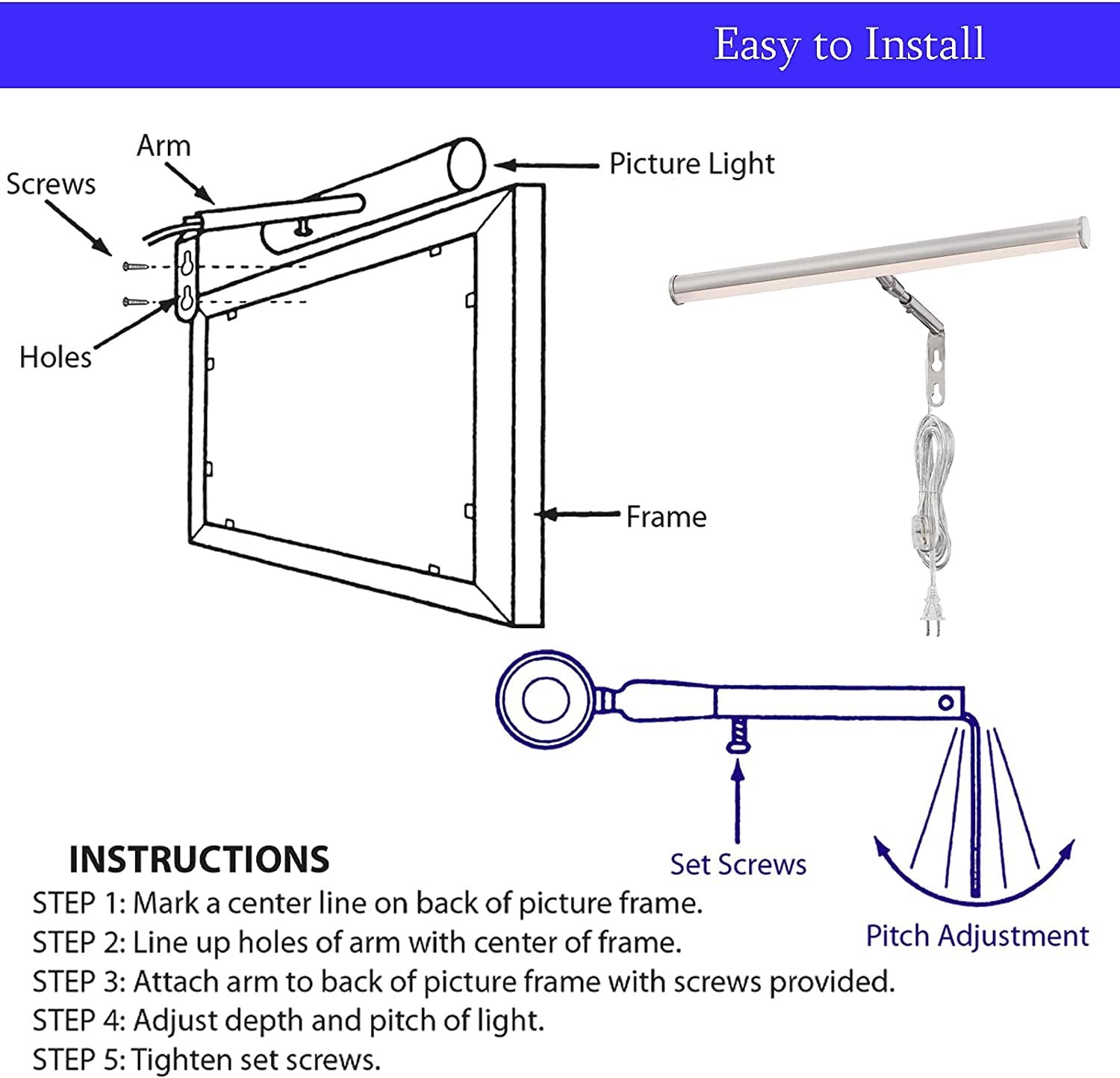 LED-14 Inch Brushed Nickel Ciata Picture Frame Light, Metal Wall Mount Display w/ In-line Switch