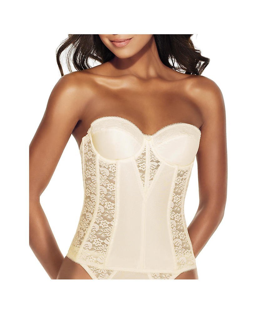 Dominique Ivory Lace Longline Corset - Full Length Bridal Bra w/ Garters - Size 42DD