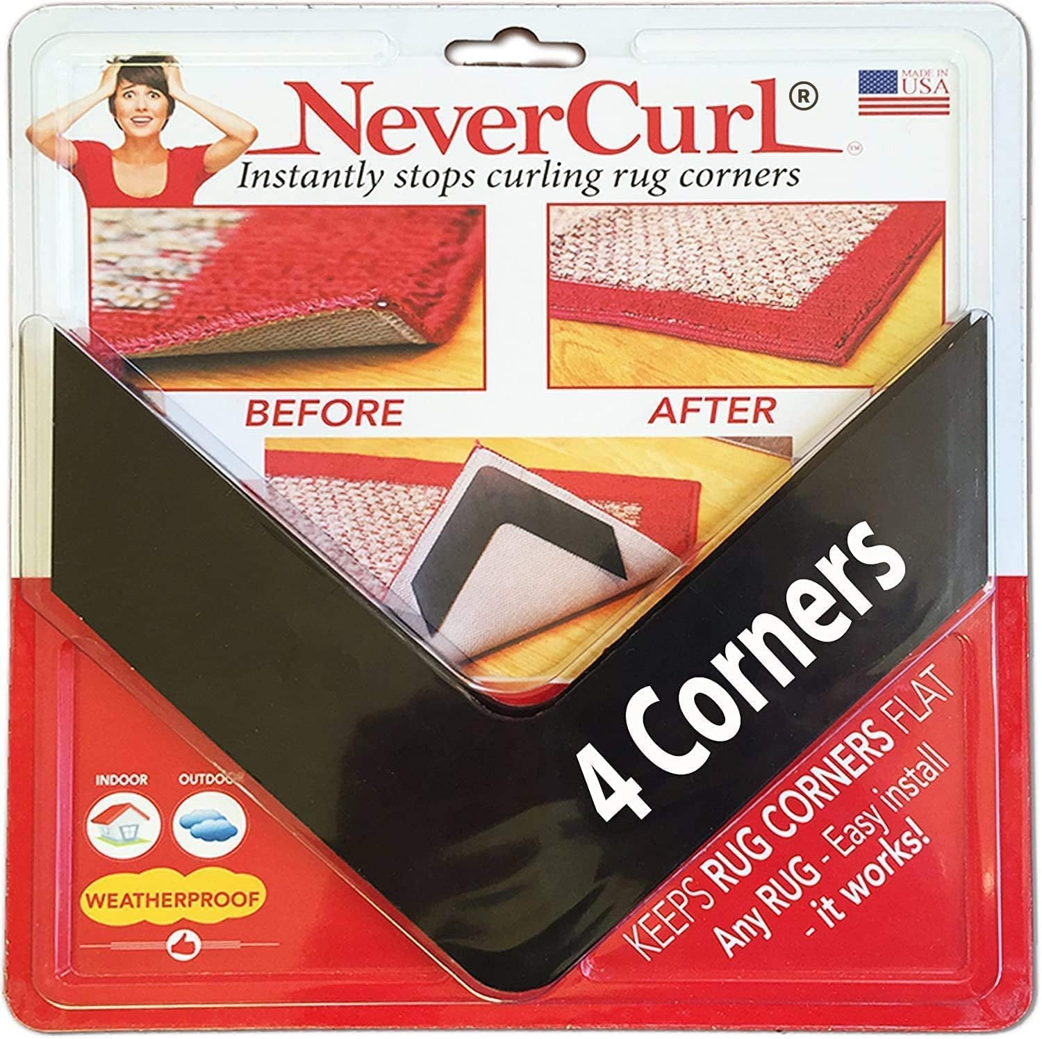 NeverCurl Best V Shape Design Gripper to Instantly Stops Rug Corner Curling. Safe for Wood Floors. for Indoor & Outdoor Rugs - Not an Anti-Slip pad - Made USA - Patented