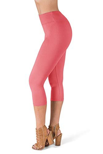 SATINA High Waisted Capri Leggings for Women - Capri Pants for Women - High Waist for Tummy Control - Coral Capri Leggings for Yoga |3 Inch Waistband (One Size, Coral)