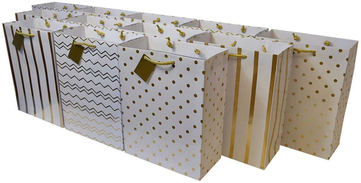OccasionAll Gold Gift Bags - 6x3x7.5 Inch (Pack of 12) - Small Metallic Paper Bags with Handles, Chevron, Polka Dot & Stripe Prints - Perfect for Parties, Weddings, Holidays & Showers
