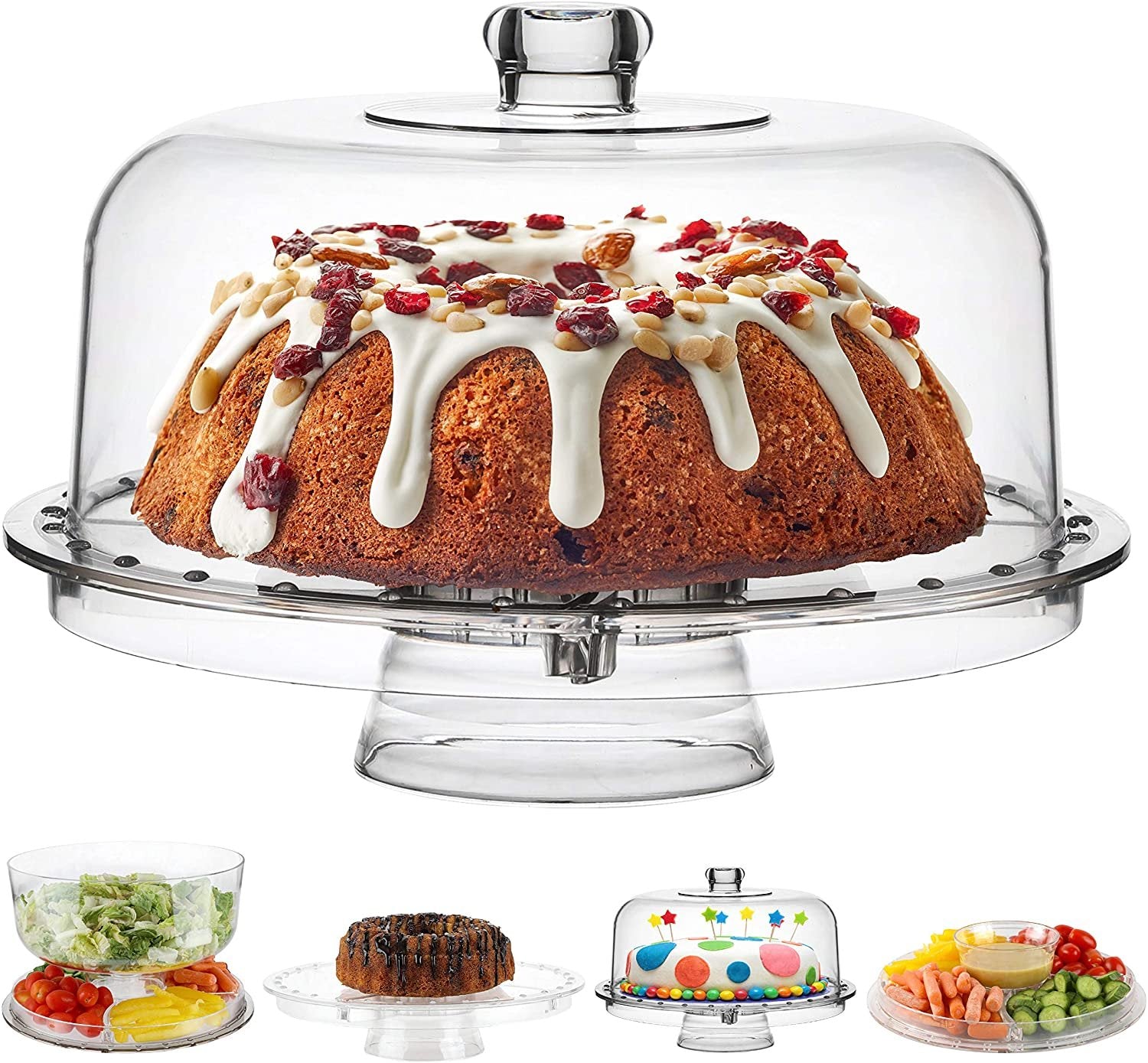 Acrylic Cake Stand with Dome Cover (12'') 6 in 1 Multi-Functional Serving Platter and Cake Plate - Use as Cake Holder, Salad Bowl, Platter, Punch Bowl, Desert Platter, Nachos & Salsa Plate,