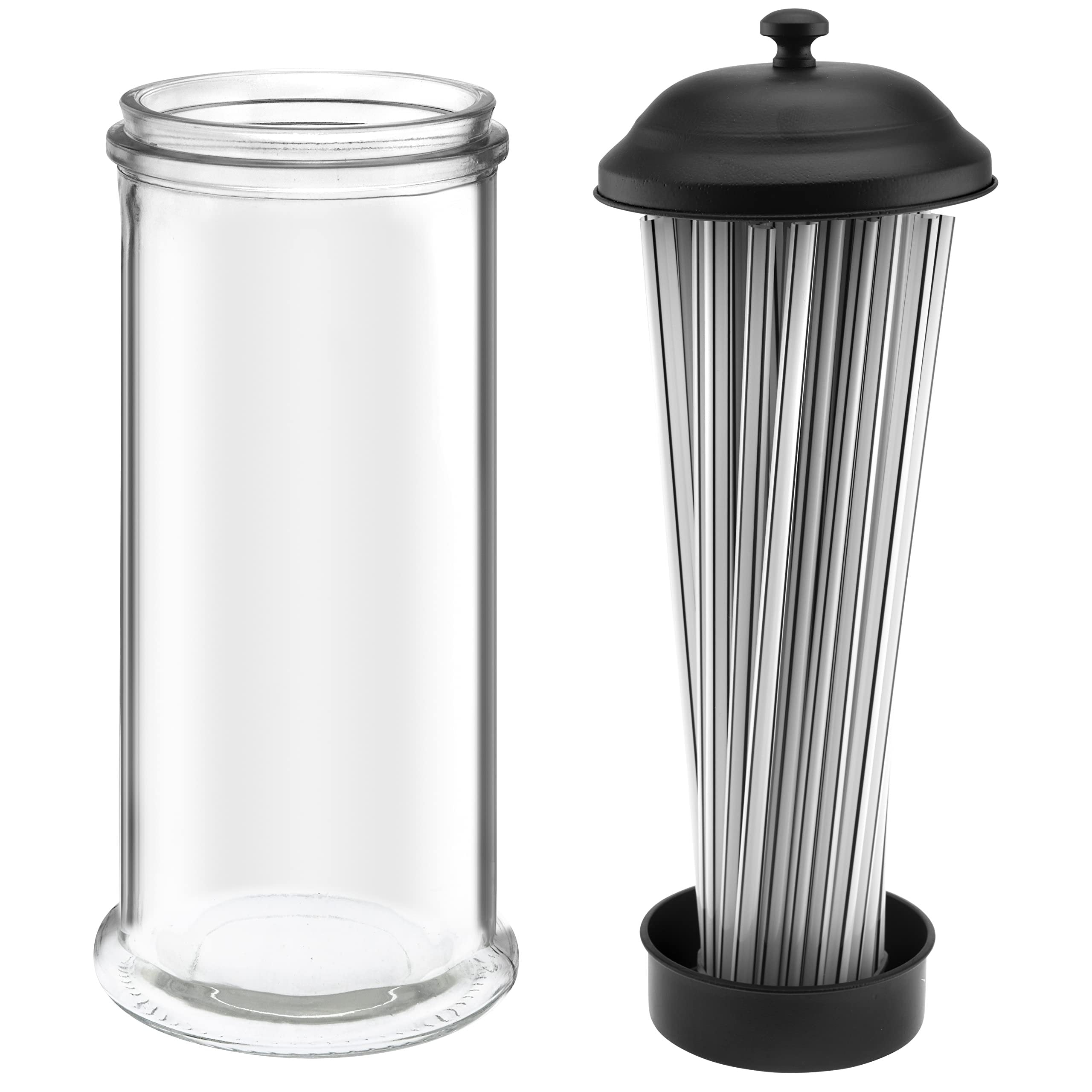 GADGETWIZ Straw Dispenser Holder | Glass Stainless Steel Lid | Black | Holds Straws up to 8.5 Inches, One Size