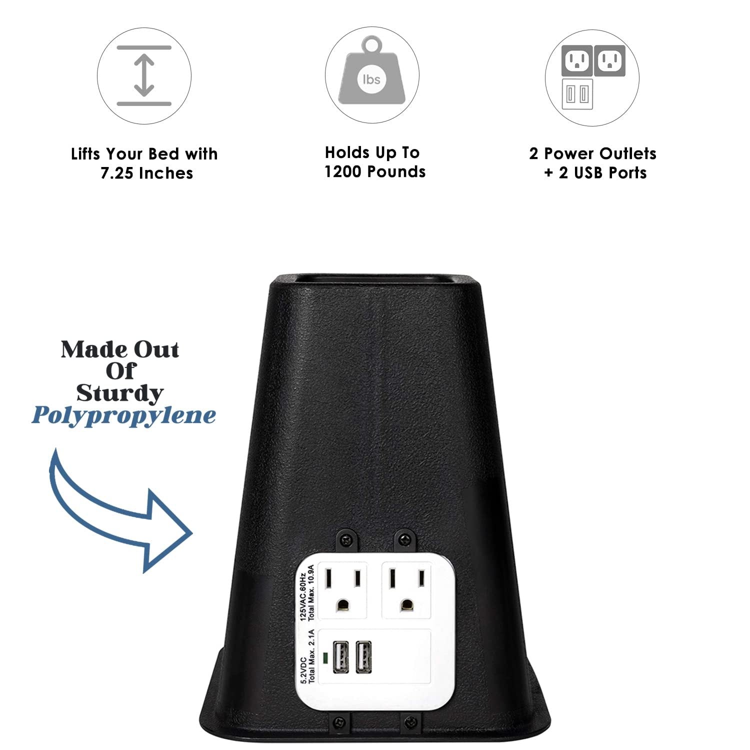 HOLDN' STORAGE Bed Risers - 7.25 Inch Size, 1200 lbs Capacity, Power Outlet & USB Ports, Black - Set of 4