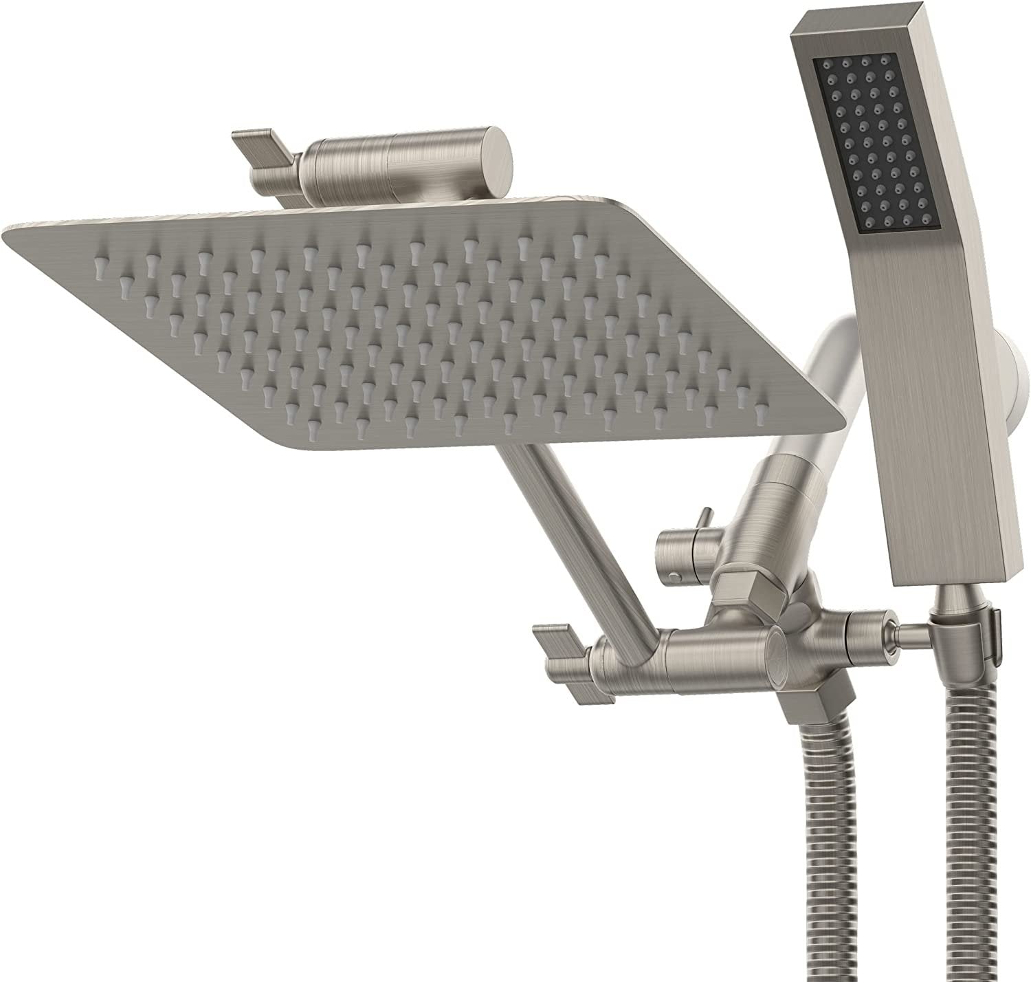 Exclusive Home Goods - Large 8 Inch All Metal Rainfall Shower Head With Handheld High Pressure Dual Shower Head Combo Set - Rain Showerhead with Adjustable Extension Arm, 71" Hose - Nickel