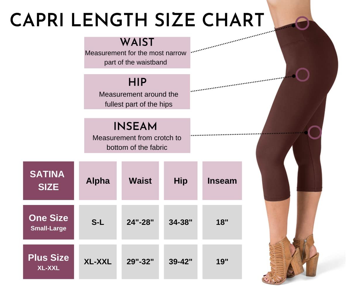 Brown High Waisted Capri Leggings - SATINA Yoga Pants for Women - Tummy Control, 3 Inch Waistband - One Size Fits Most