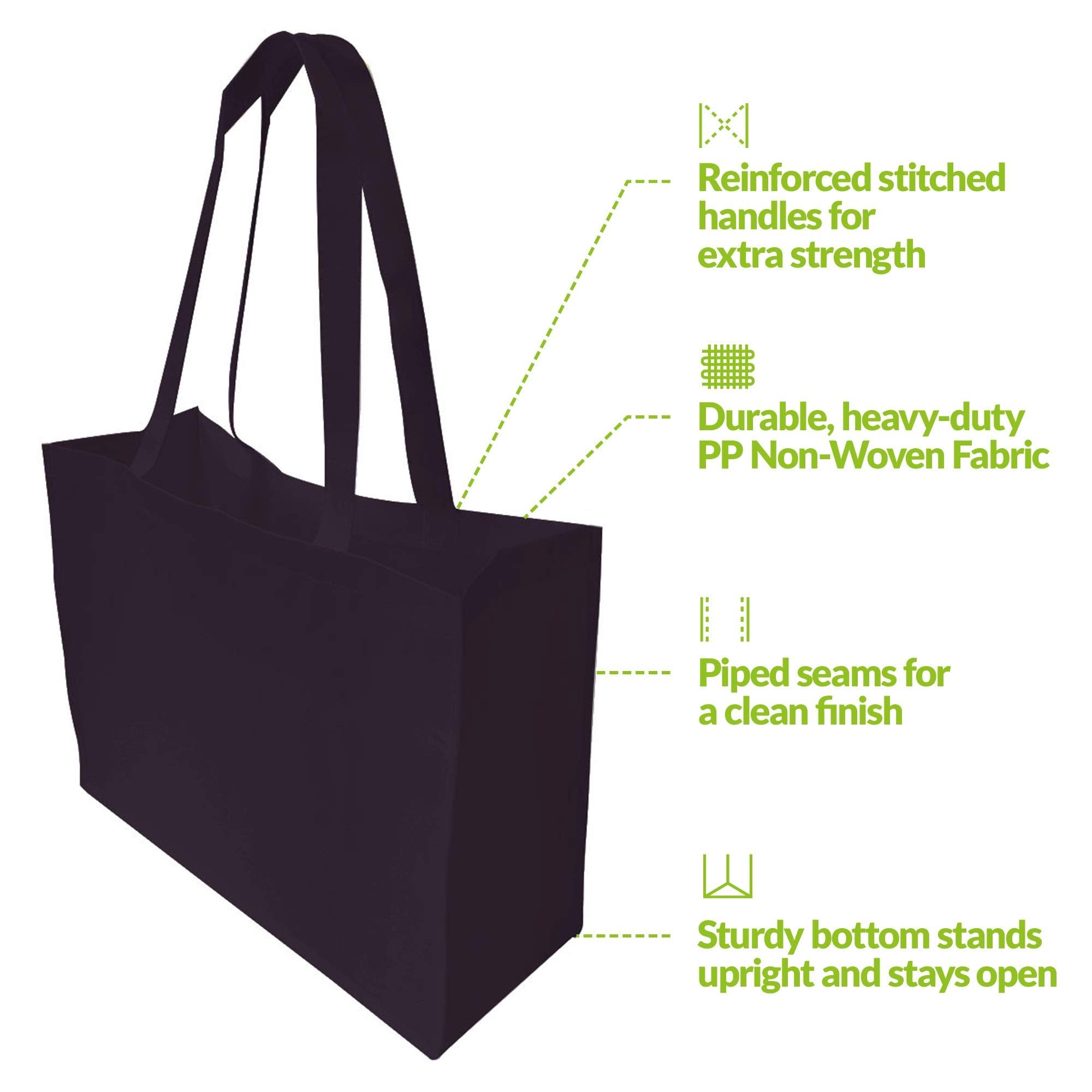 12 Pack Large Black Tote Bags with Handles - Eco Friendly, Reusable & Durable - 16x6x12 Inches