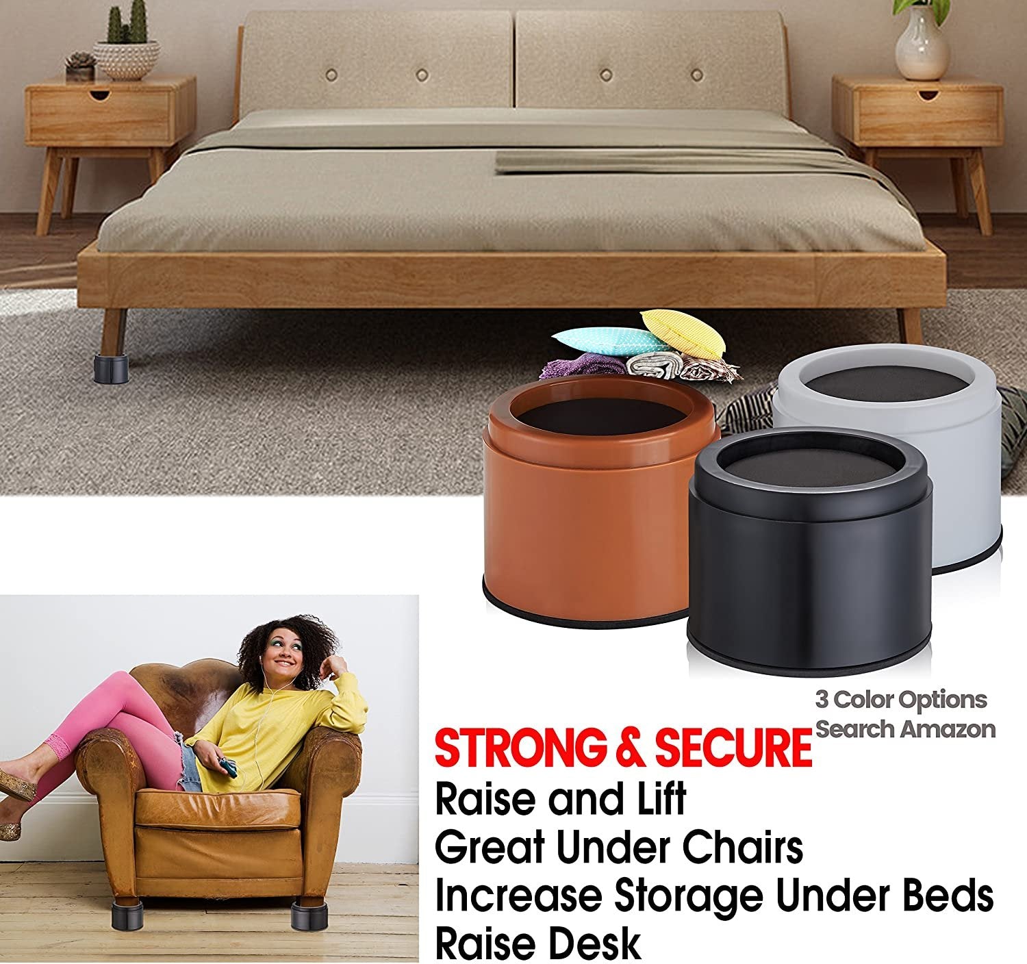 iPrimio Bed and Furniture Risers – Round Elevator up to 3 inches & Lifts Up to 10,000 LBs - Protect Floors and Surfaces – Durable ABS Plastic and Anti Slip Foam Grip – Non Stackable