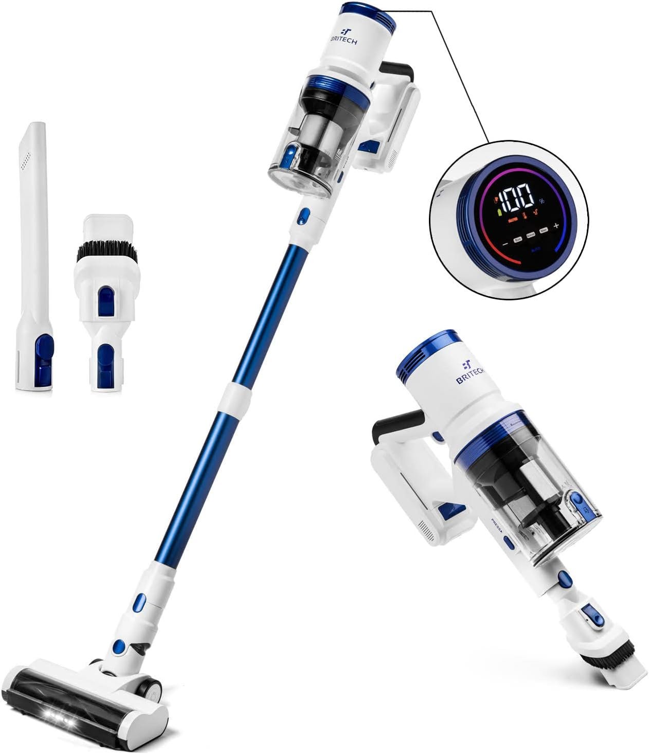 BRITECH Cordless Lightweight Stick Vacuum Cleaner, 300W Motor for Powerful Suction 40min Runtime, LED Display Screen & Headlights, Great for Carpet Cleaner, Hardwood Floor & Pet Hair (Blue)