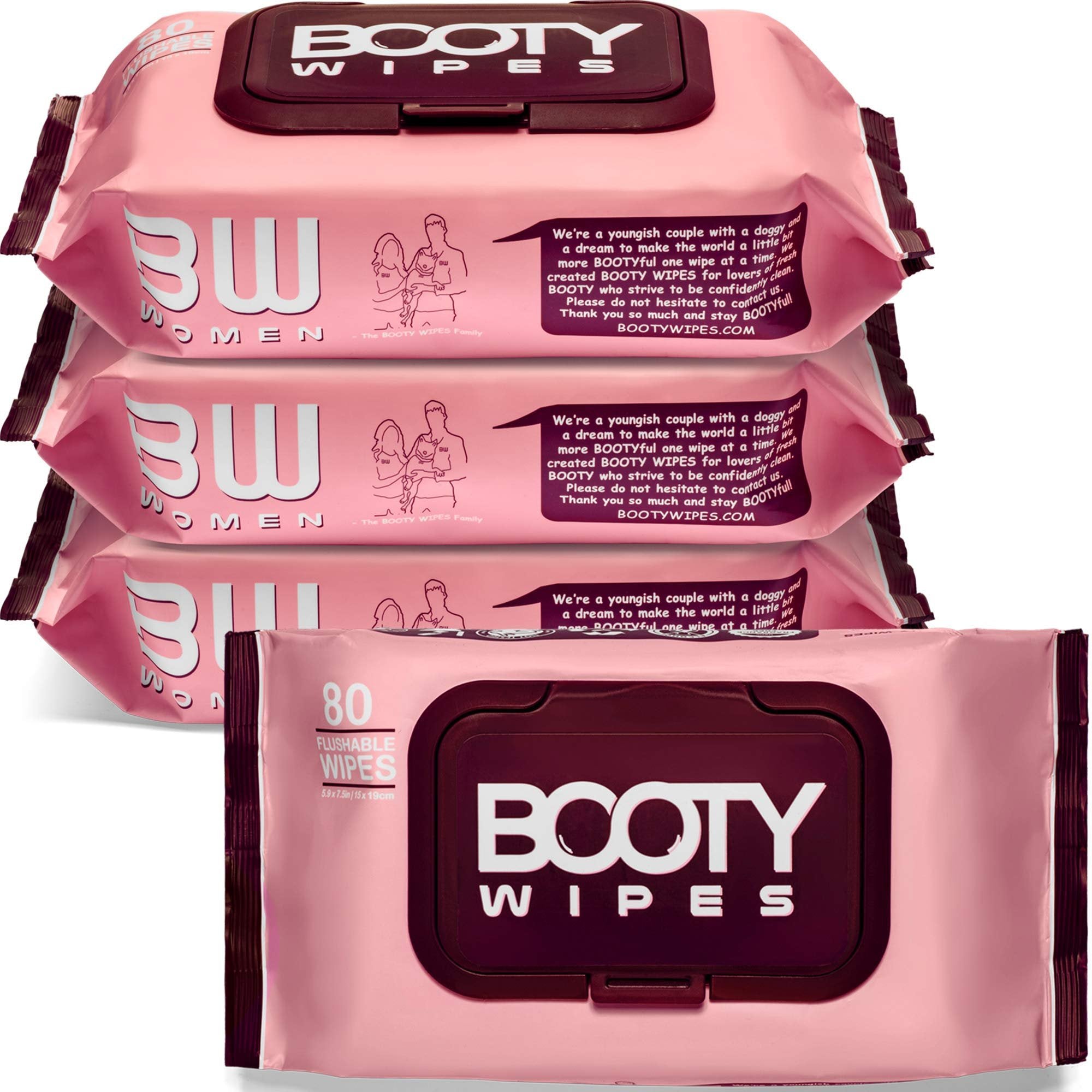 BOOTY WIPES - 80 Count (Pack of 4) Flushable Feminine Wet Wipes for Women | pH Balanced with Vitamin-E & Aloe | White