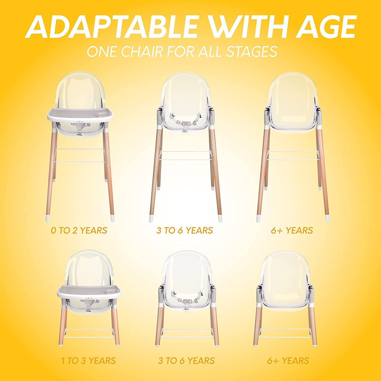 Children of Design Deluxe High Chair | Grey/Clear | 6-in-1 | 3 Seat Positions | 2 Heights | Easy Clean | Removable Tray | Compact