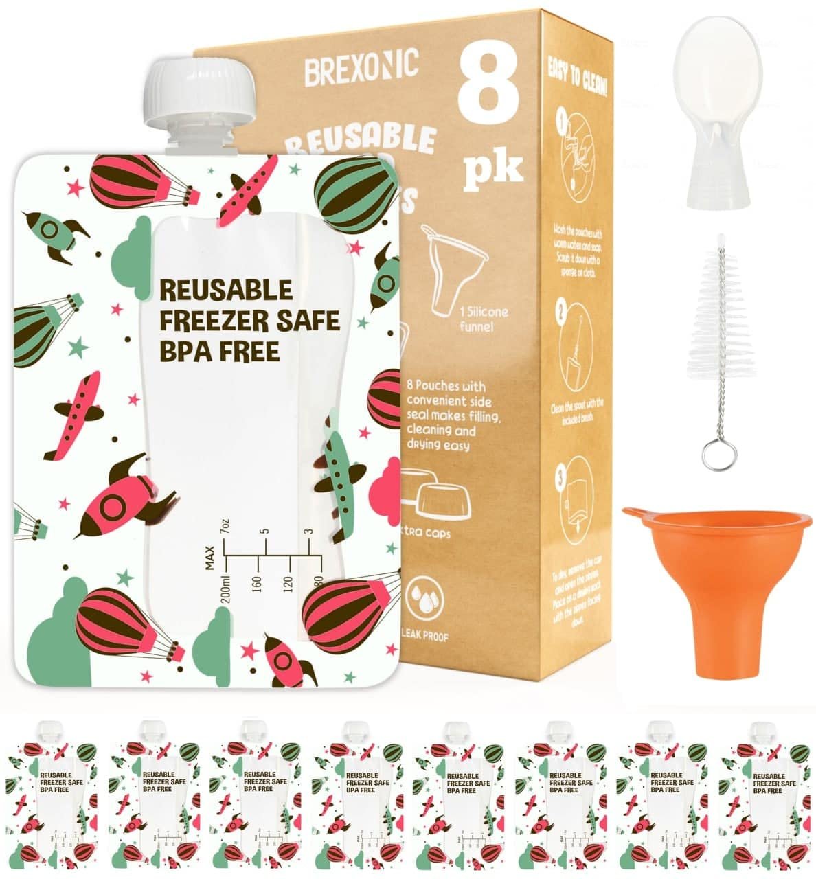Brexonic Baby Food Storage Pouches Reusable Baby Food Pouches for Baby Food, Purees & Smoothies for Toddlers - Refillable & Squeeze Pouches Include Funnel, Extra Caps, Spoon & Brush