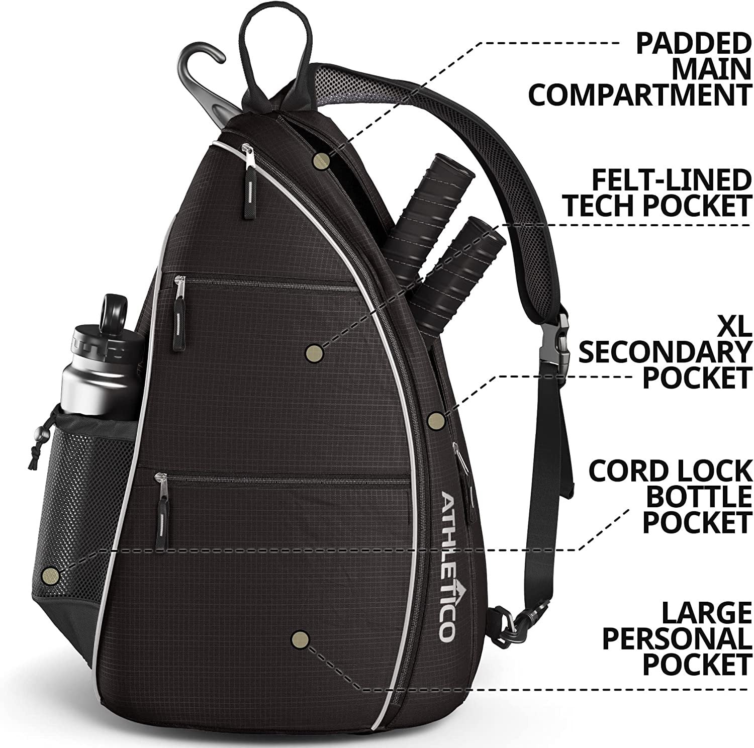 Athletico Sling Bag - Crossbody Backpack for Pickleball, Tennis, Racketball, and Travel for Men and Women (Black)
