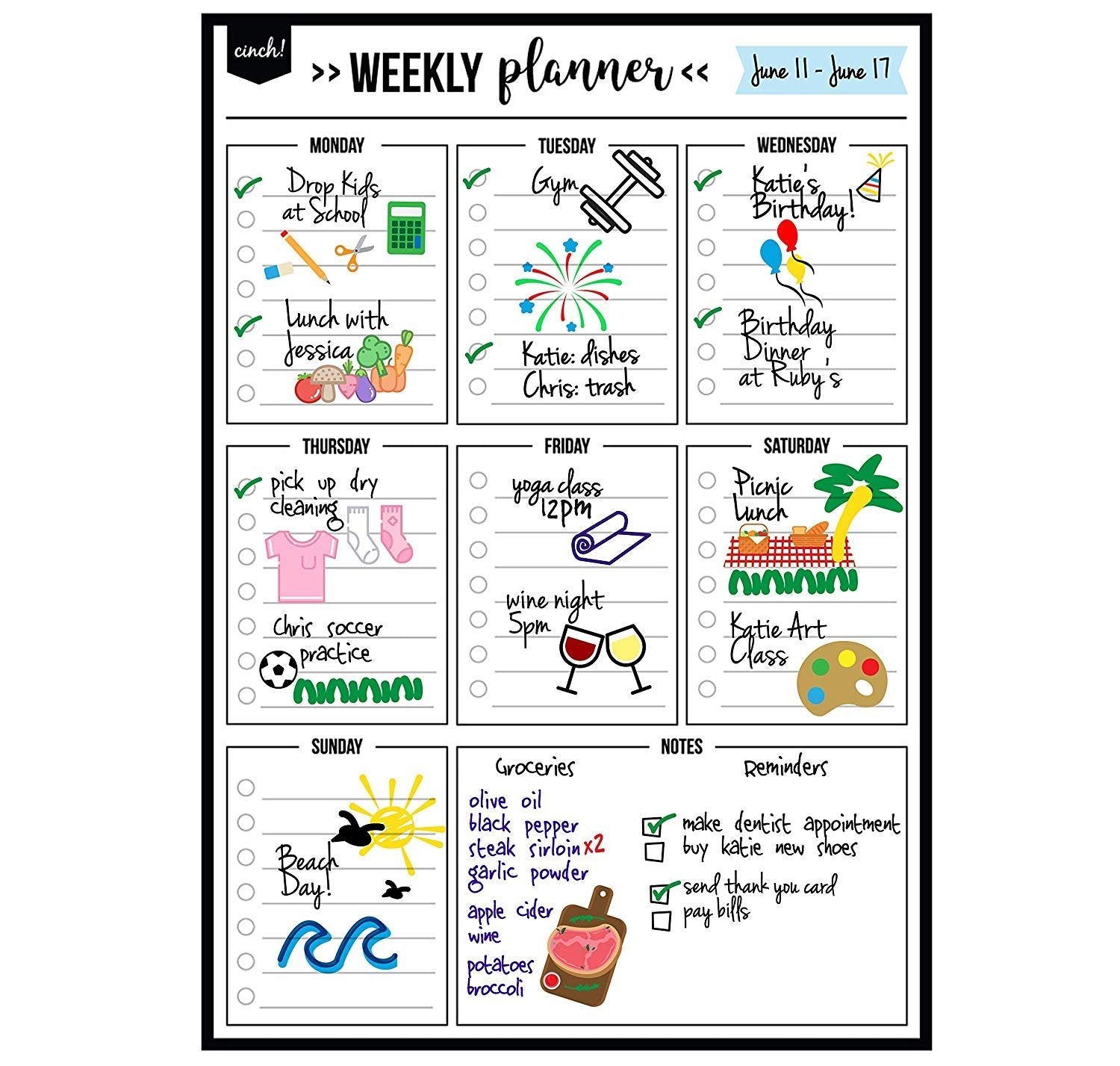 cinch! Magnetic Weekly Vertical Whiteboard 17x12 - Meal Planner with 4 Markers & Eraser - Free Shipping