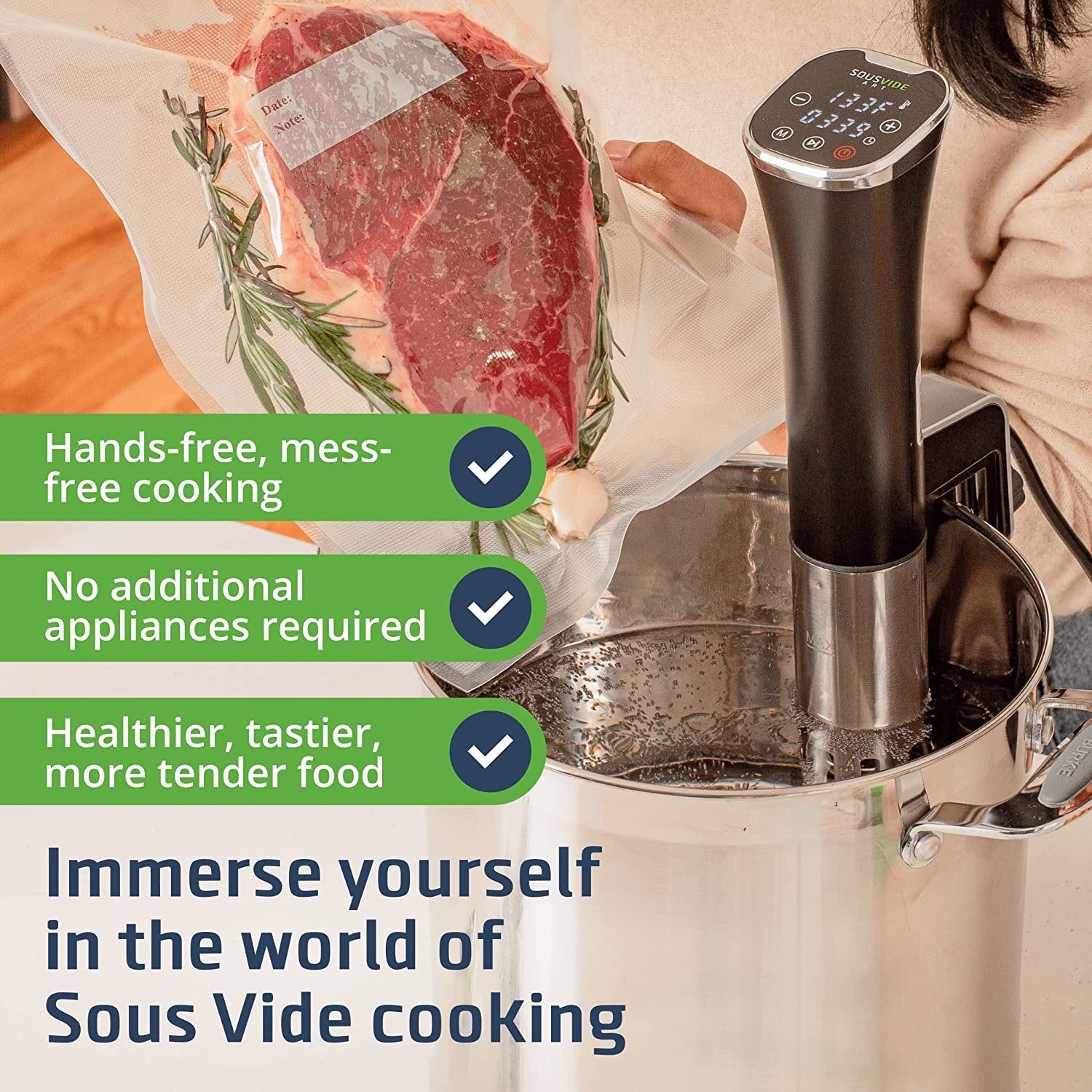SOUSVIDE ART Precision Cooker Kit | 1000W STANDARD Sous Vide Machine Immersion Cookers Circulator | 15 Vacuum Seal Bags, Vacuum Pump, Digital Timer, & Temperature Control | All In One Sous Vide Machines