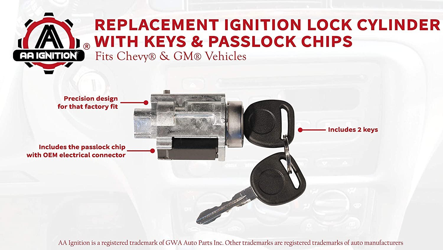 Ignition Lock Cylinder with Keys and Passlock Chip Starter - Replaces D1493F, 12458191, 25832354, 924-719 - Compatible with Chevy, Oldsmobile, Pontiac Vehicles - Malibu, Monte Carlo, Impala, Grand Am