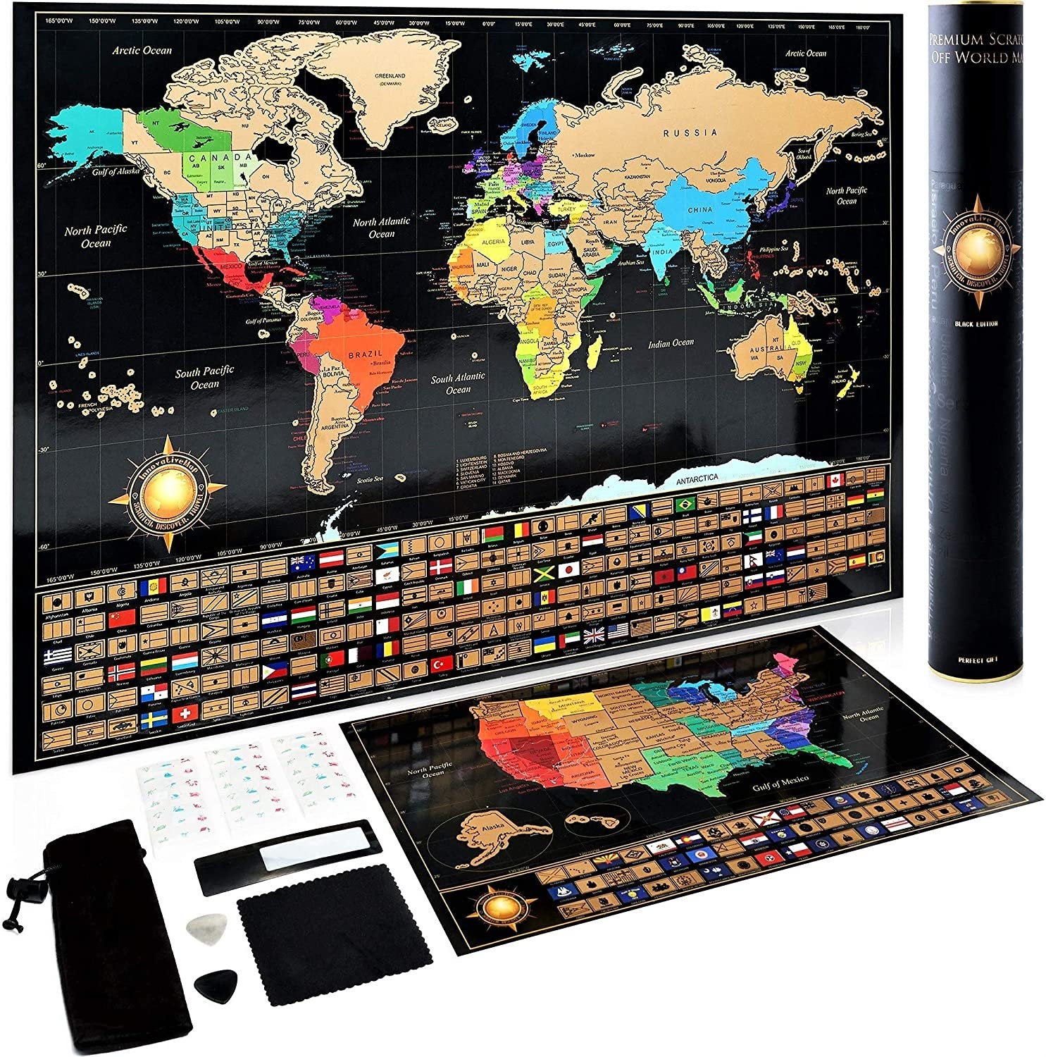 Scratch-Off World Map Poster - Black, 17x24 in - Complete Set with US Map, Flags - Perfect Gift for Travelers