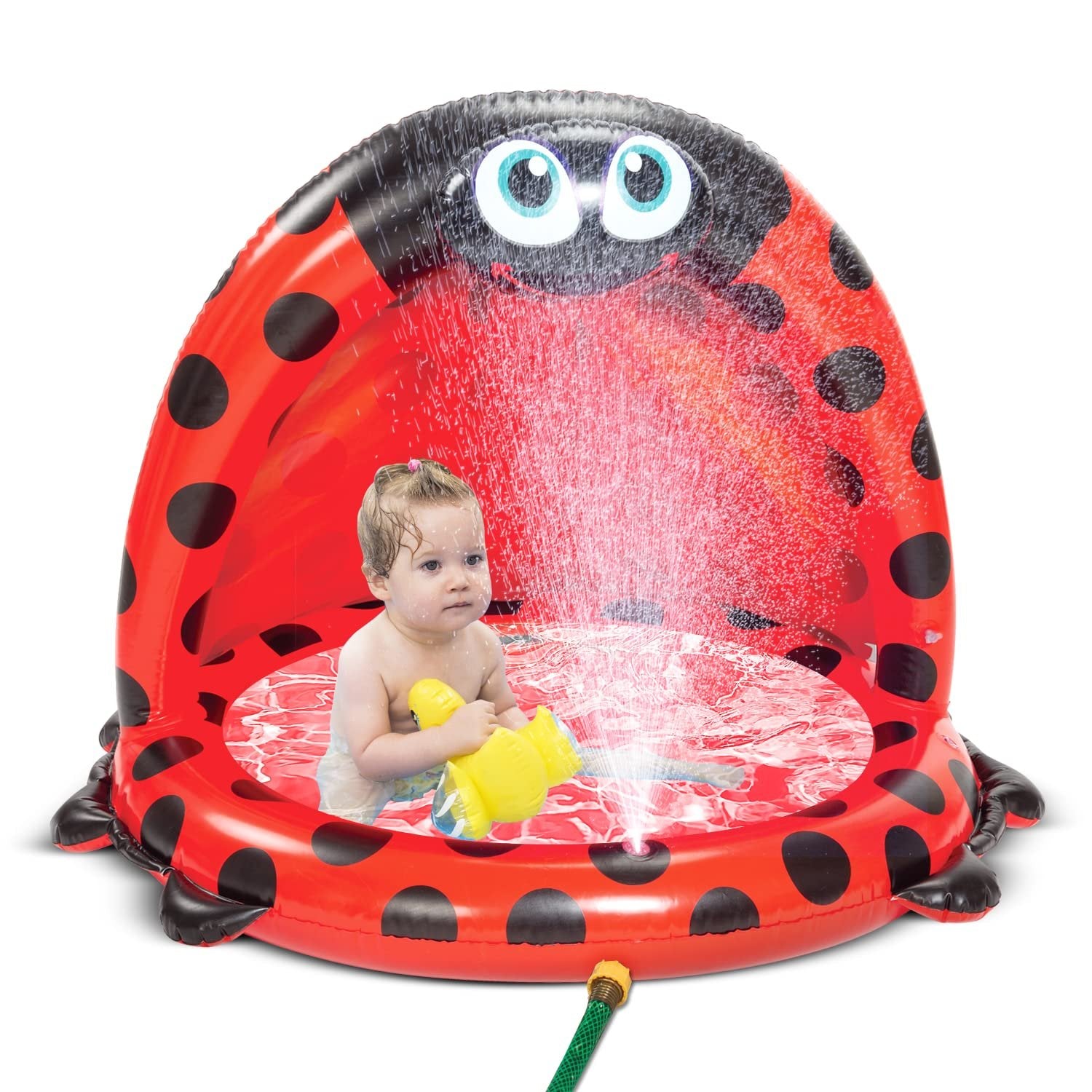 Bundaloo Baby Pool with Canopy and Sprinkler - Inflatable Ladybug Kiddie Pool for Toddler Boys and Girls with Shade - Perfect Toy for Outdoor Summer Fun