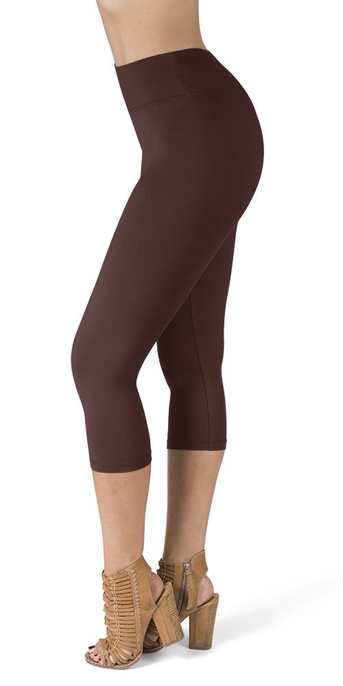 Brown High Waisted Capri Leggings - SATINA Yoga Pants for Women - Tummy Control, 3 Inch Waistband - One Size Fits Most