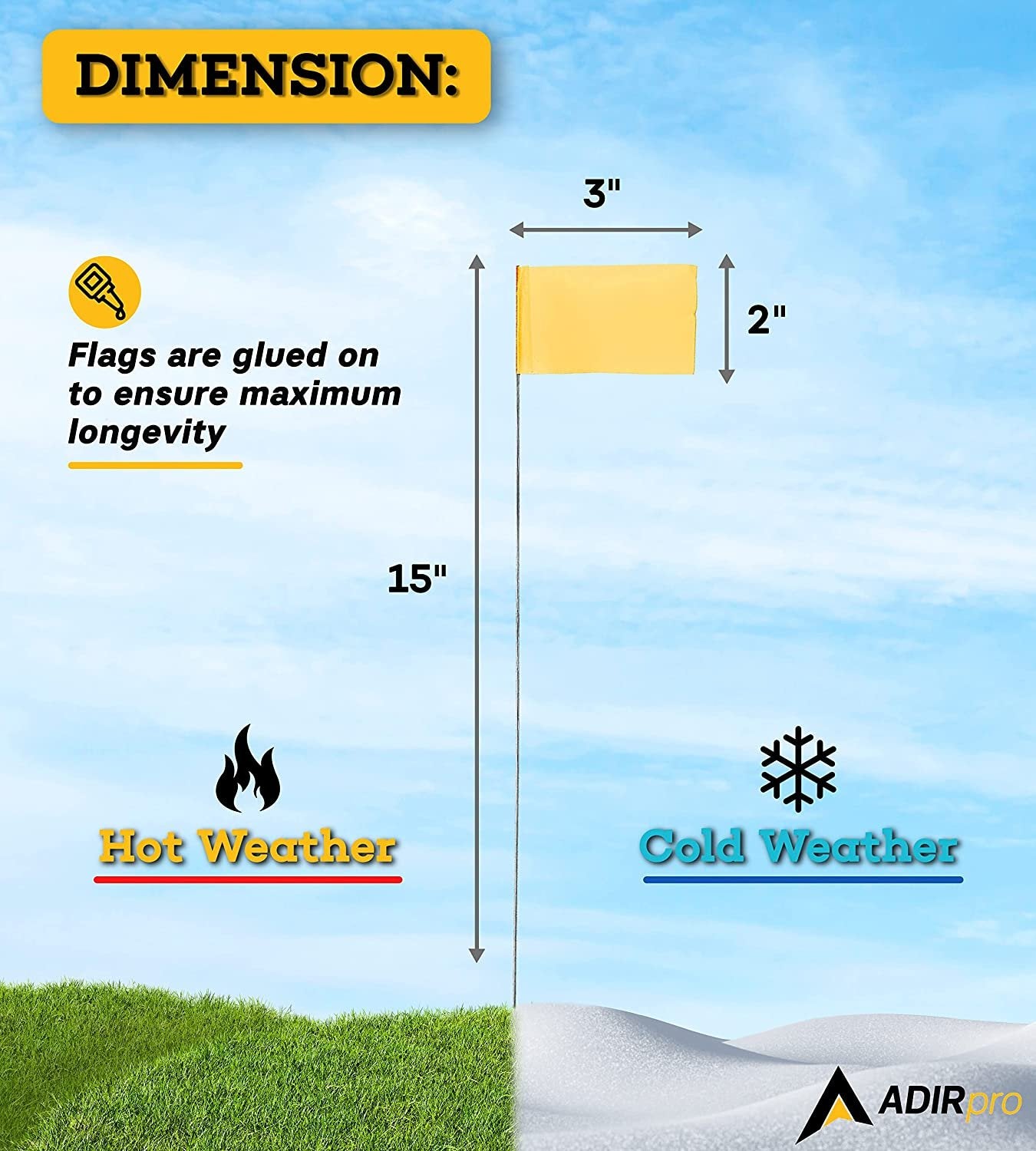 AdirPro Marking Flags 100 Pack - 2"x3" Lawn Flags - Marker Flags - Small & Thin Survey Flags - Flag Markers for Yard - Great for Ground Flags, Lawn Flags, Garden Flag Markers, Boundry Flags (Yellow)