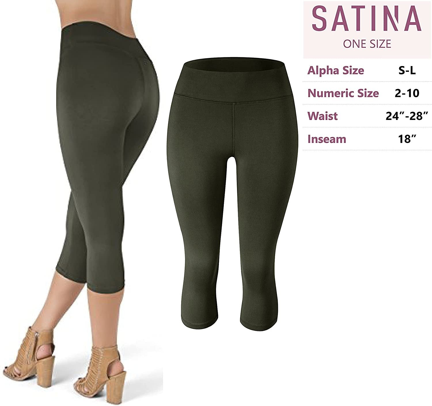 SATINA Capri High Waisted Leggings for Women | 3 Inch Waistband (Plus Size, Olive)