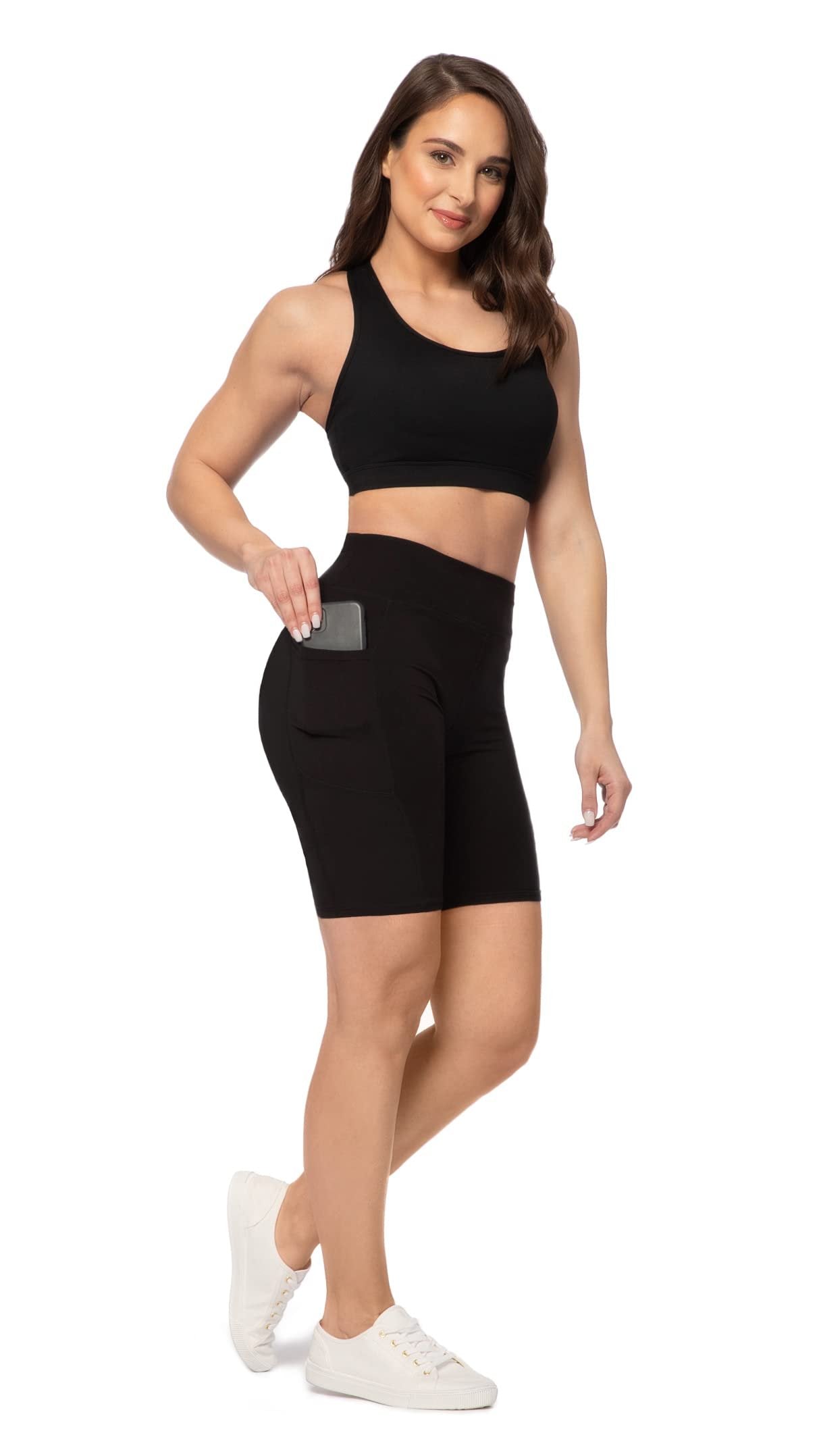 New SATINA Biker Shorts Women High Waist w/Pockets Yoga Plus Size M Black 8 inch