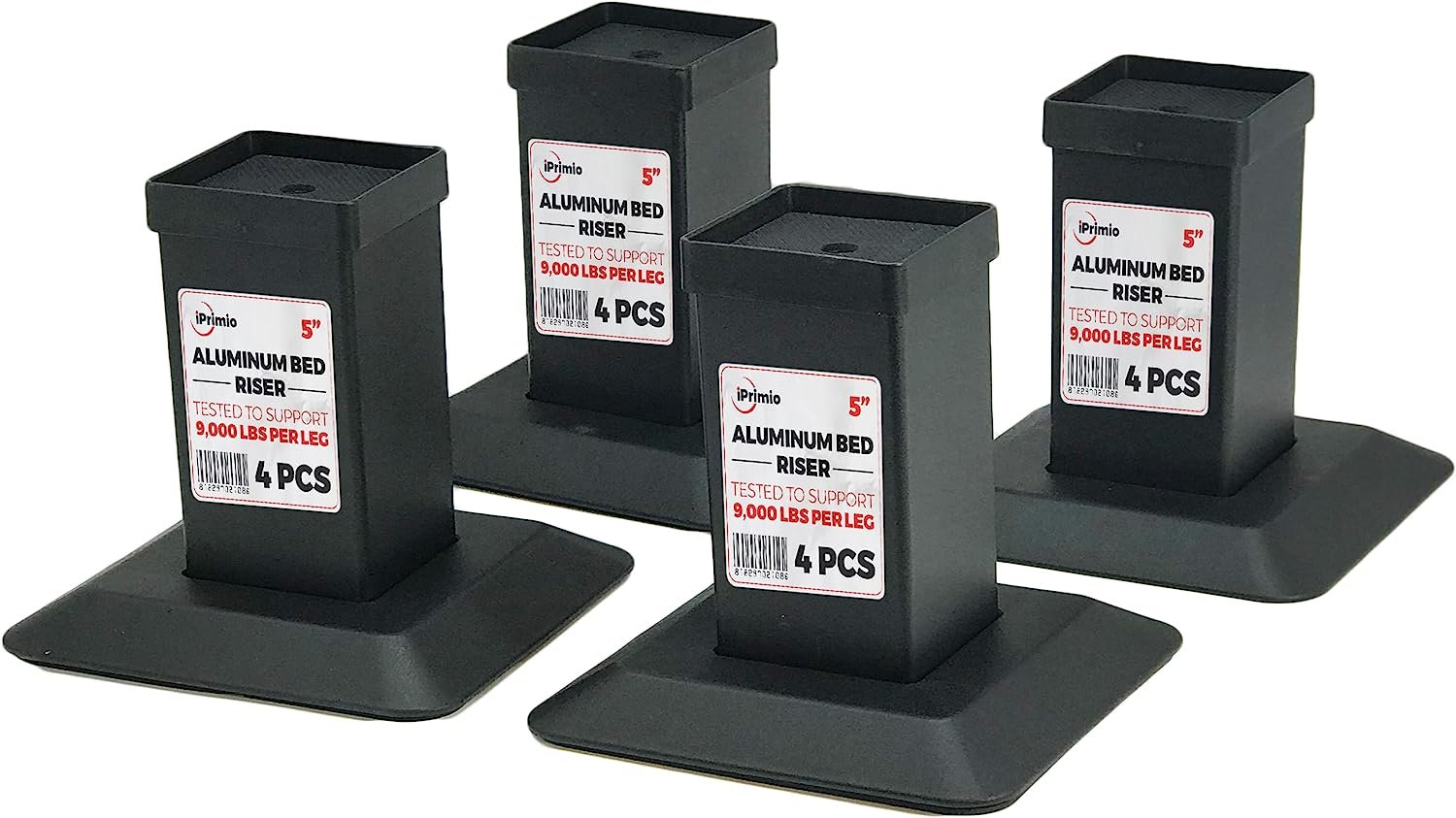 iPrimio Aluminum Bed Risers - Heavy Duty Metal, 5 Inch Lift, 4 Pack, Up to 9,000lbs - Bed Raising Blocks, Furniture Risers - Tall, Safe, Sturdy Bed Lifts for College Dorm, Couches, Bed Frame Riser