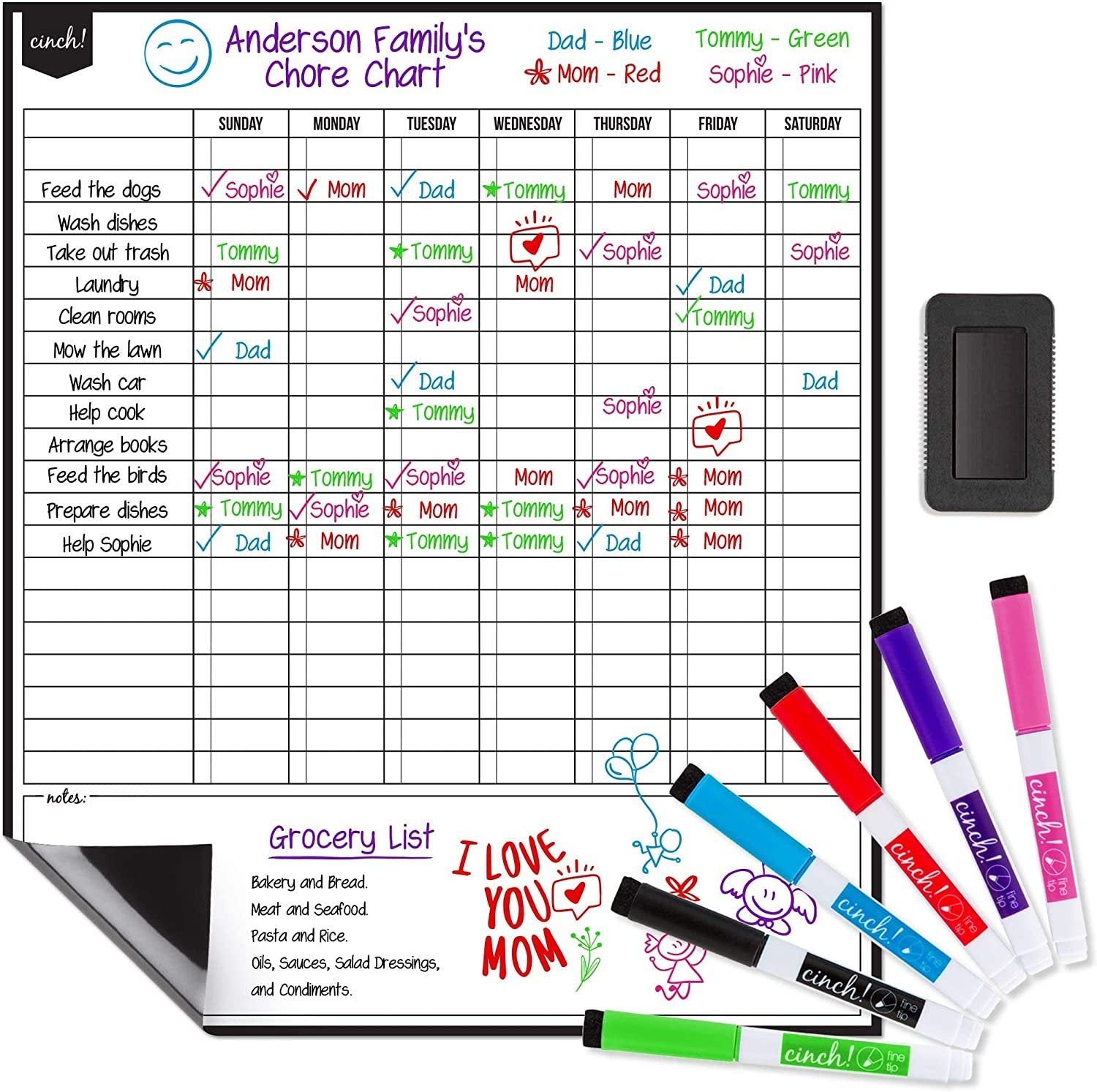 Magnetic Dry Erase Chore Chart for Multiple Kids (17x12") - 6 Whiteboard Markers with Magnets | Family Chore Chart, Fridge Chore Chart for Adults | Magnetic Chore Board for Refrigerator