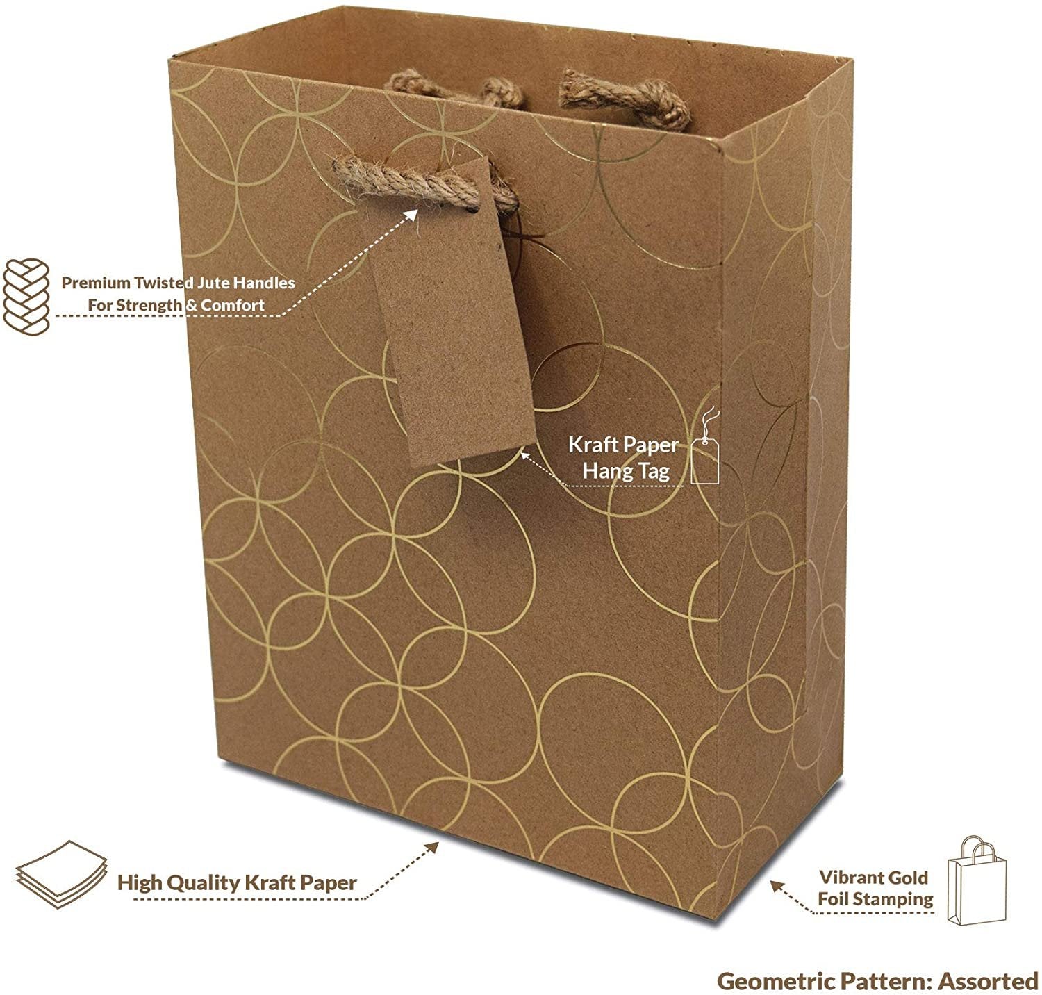 Gold Geometric Designer Gift Bags - 12 Pack Medium Size 7.5x3.5x9 Inch - Handles, Wrap Euro Totes for Birthdays, Parties, Holidays - Free Shipping