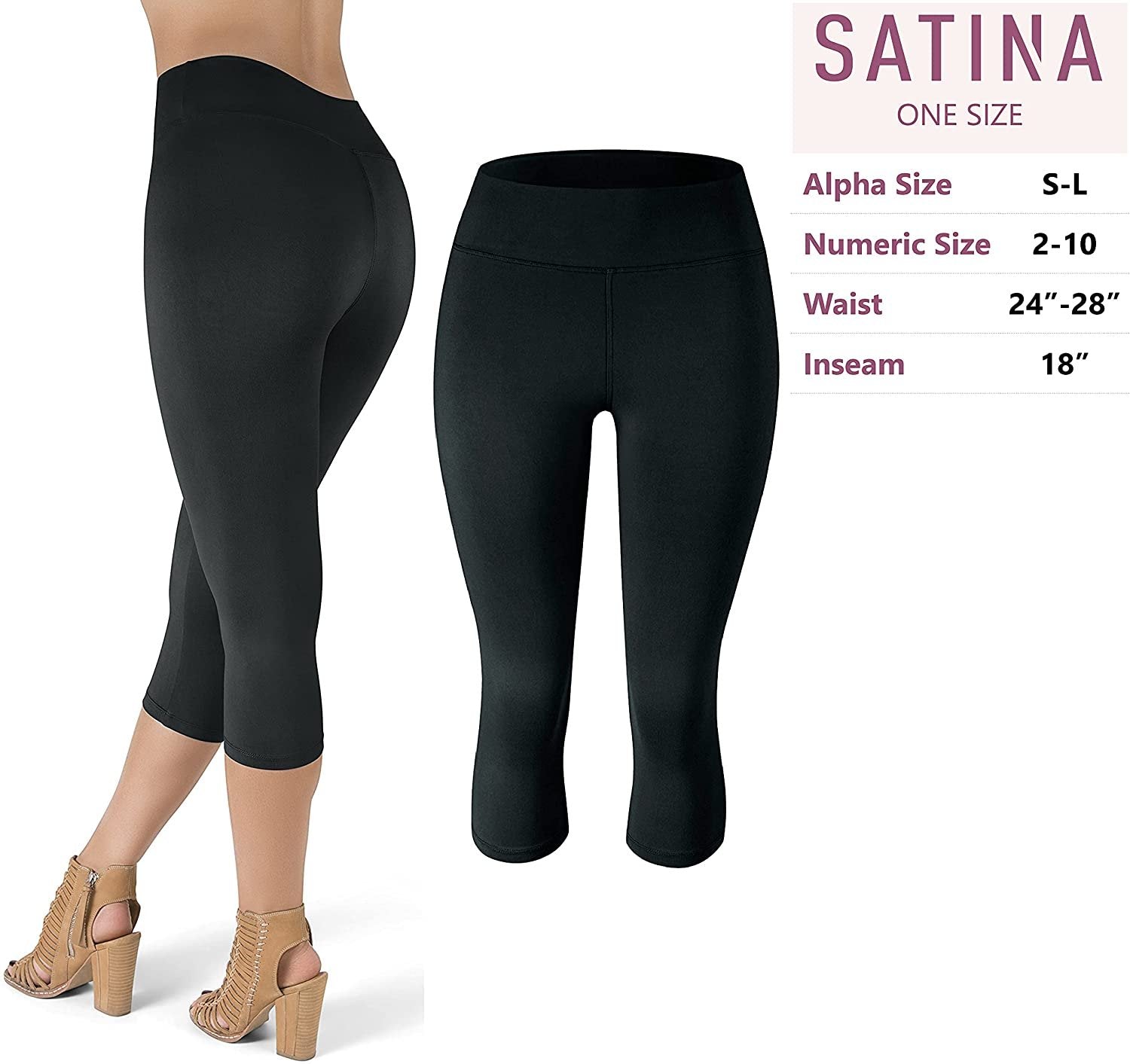 New SATINA Black Capri High Waisted Leggings, 3 Waistband, One Size - Free Ship & Returns