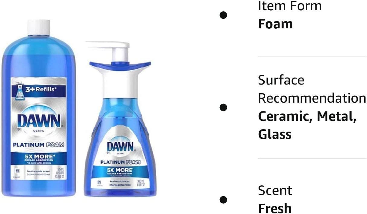 Dawn Platinum Erasing Dish Foam, Dishwashing Soap Pump And Refill Fresh Rapids Scent Kit